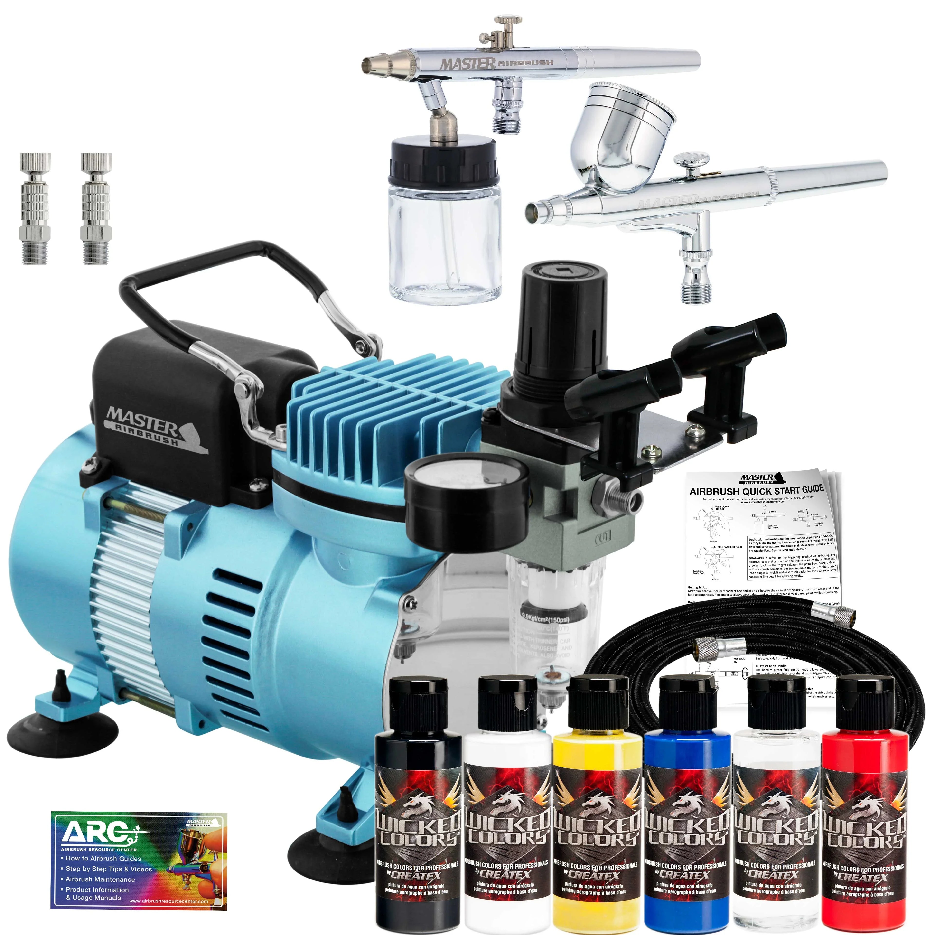 Professional Master G22, S68, E91 Airbrush Kit with Master Compressor TC-20, Air Hose & 6 Wicked Createx Colors