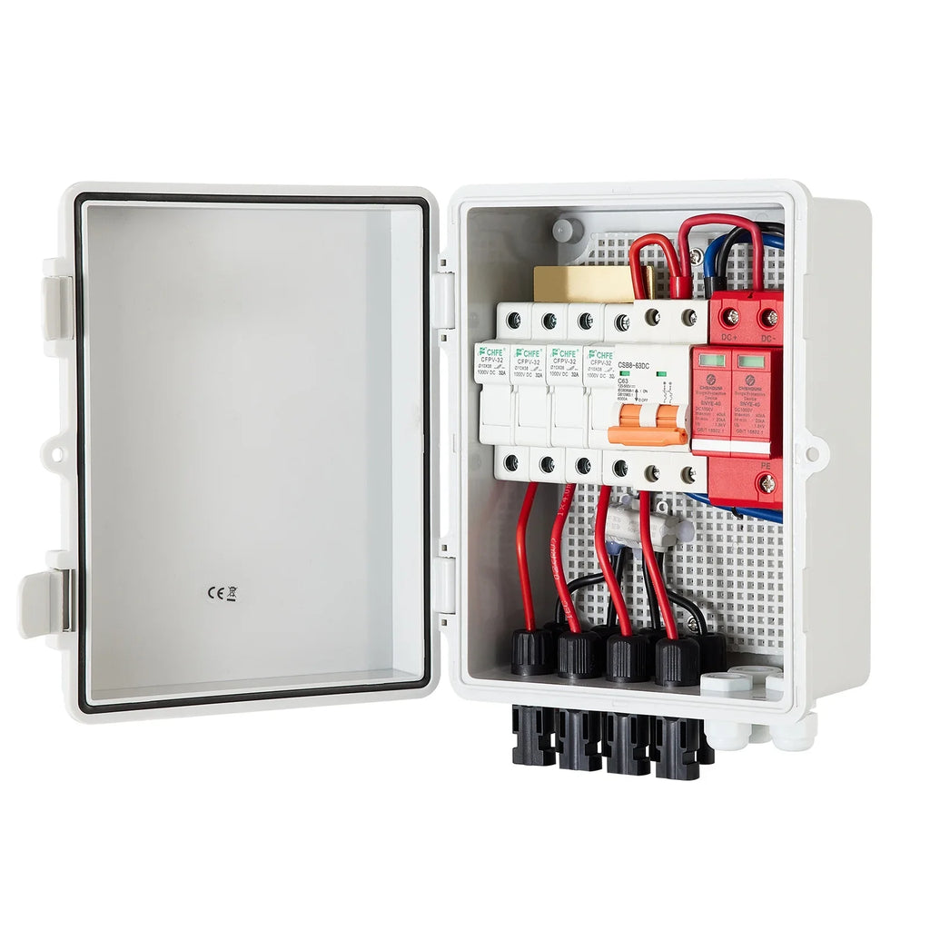 VEVOR PV Combiner Box, 4 String, Solar Combiner Box with 15a Rated Current Fuse, 63a Circuit Breaker, Lightning Arreste and Solar Connector, for On / Off Grid Solar Panel System, IP65 Liquid