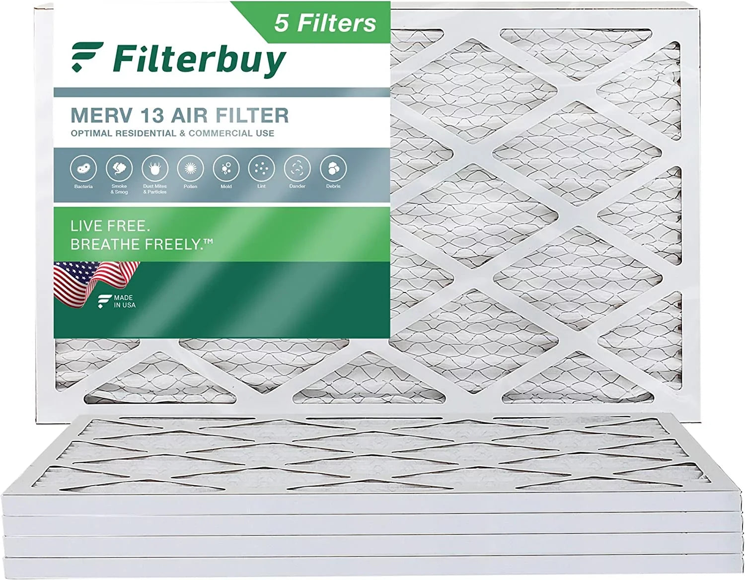 Filterbuy 20x30x1 MERV 13 Pleated HVAC AC Furnace Air Filters (5-Pack)