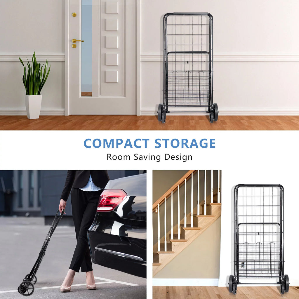 ZENY Folding Utility Shopping Cart with Double Basket and Wheels for Grocery Laundry Book Luggage Travel, Black
