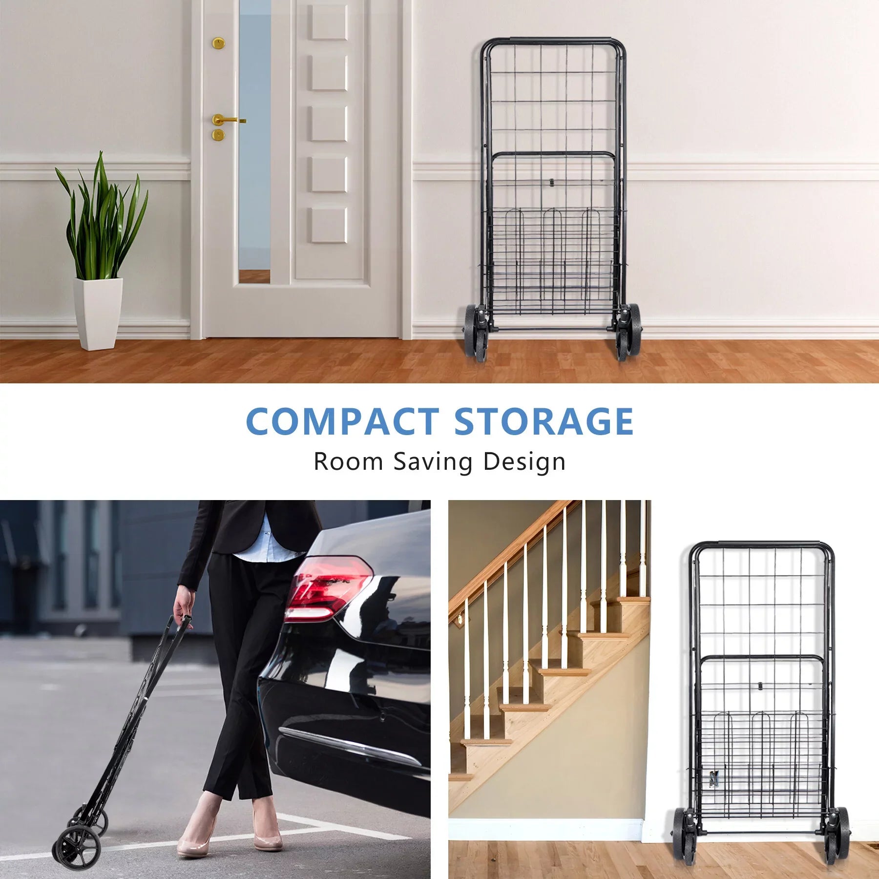 ZENY Folding Utility Shopping Cart with Double Basket and Wheels for Grocery Laundry Book Luggage Travel, Black