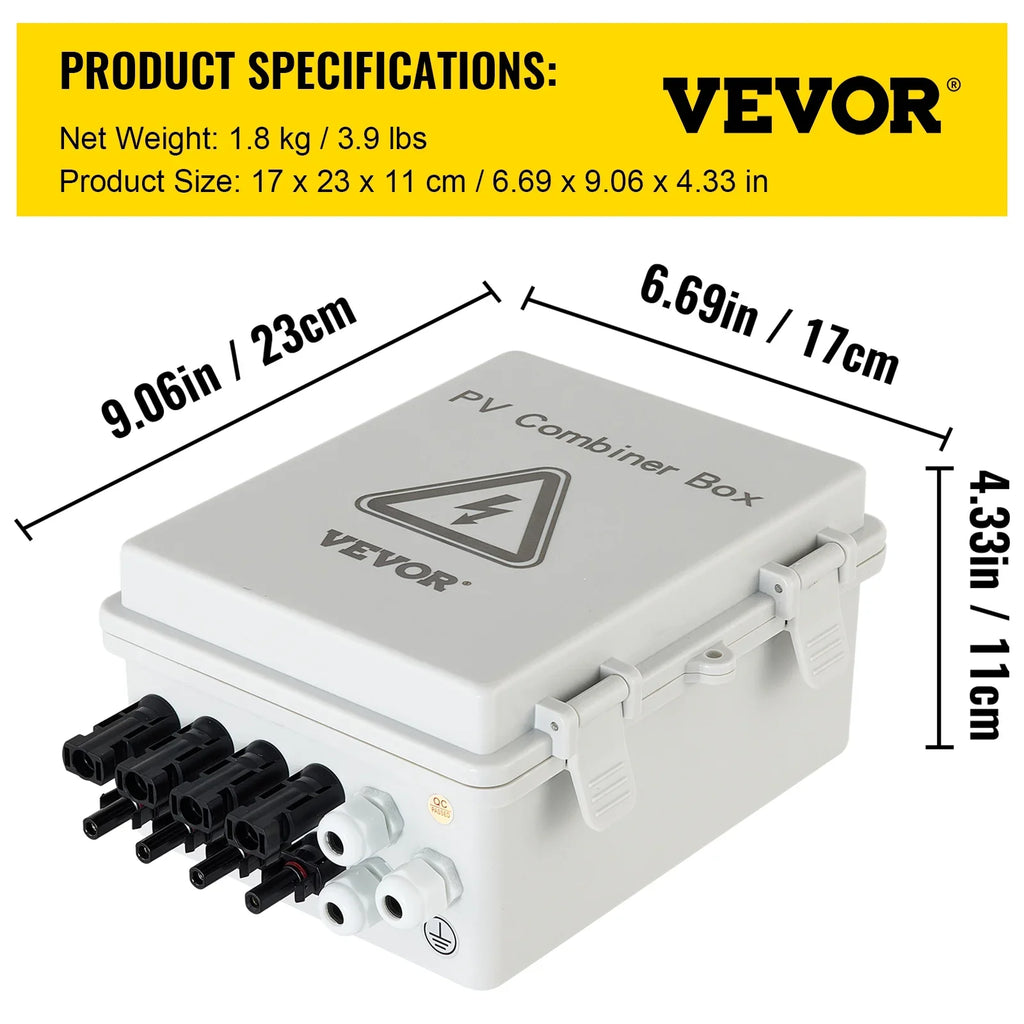 VEVOR PV Combiner Box, 4 String, Solar Combiner Box with 15a Rated Current Fuse, 63a Circuit Breaker, Lightning Arreste and Solar Connector, for On / Off Grid Solar Panel System, IP65 Liquid