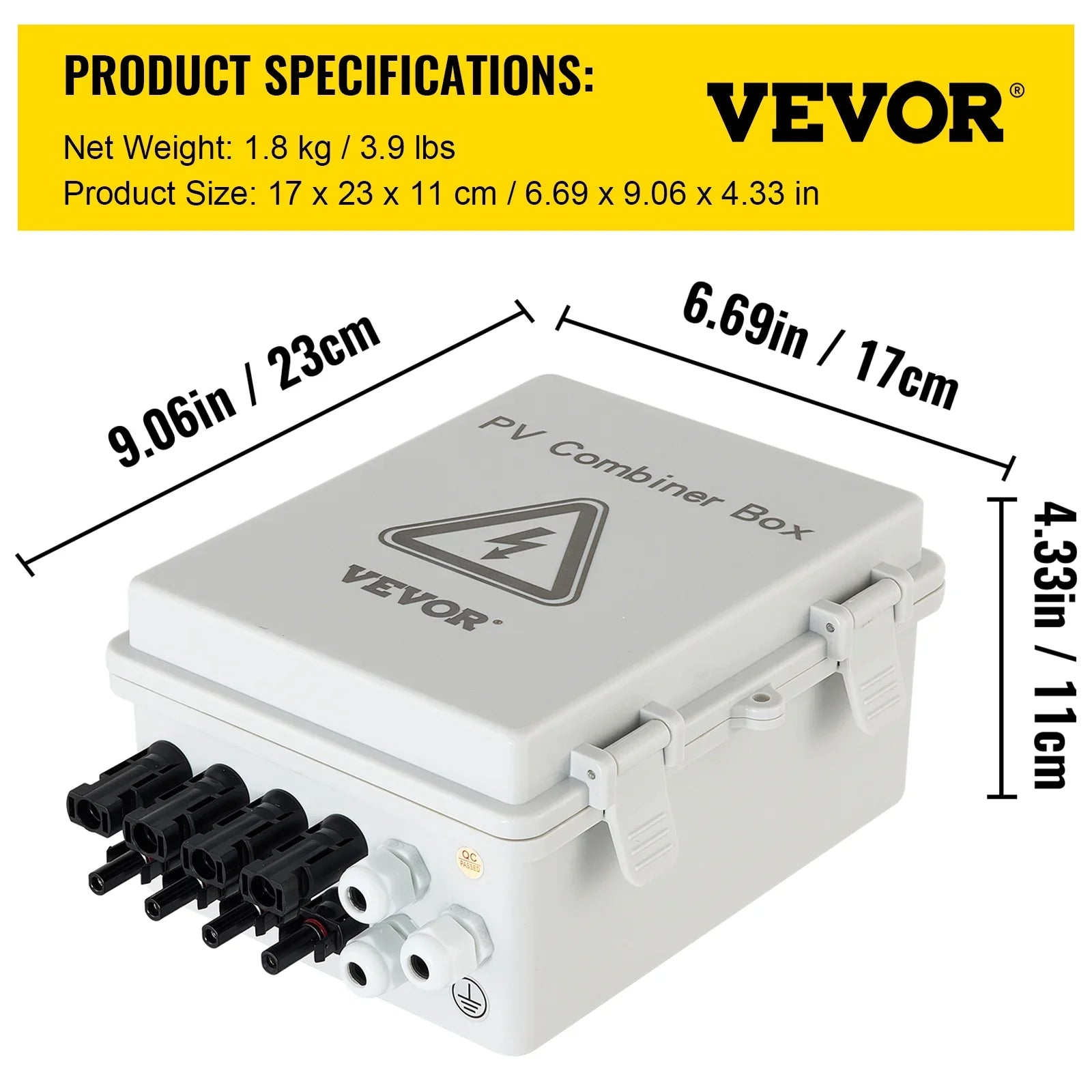 VEVOR PV Combiner Box, 4 String, Solar Combiner Box with 15a Rated Current Fuse, 63a Circuit Breaker, Lightning Arreste and Solar Connector, for On / Off Grid Solar Panel System, IP65 Liquid