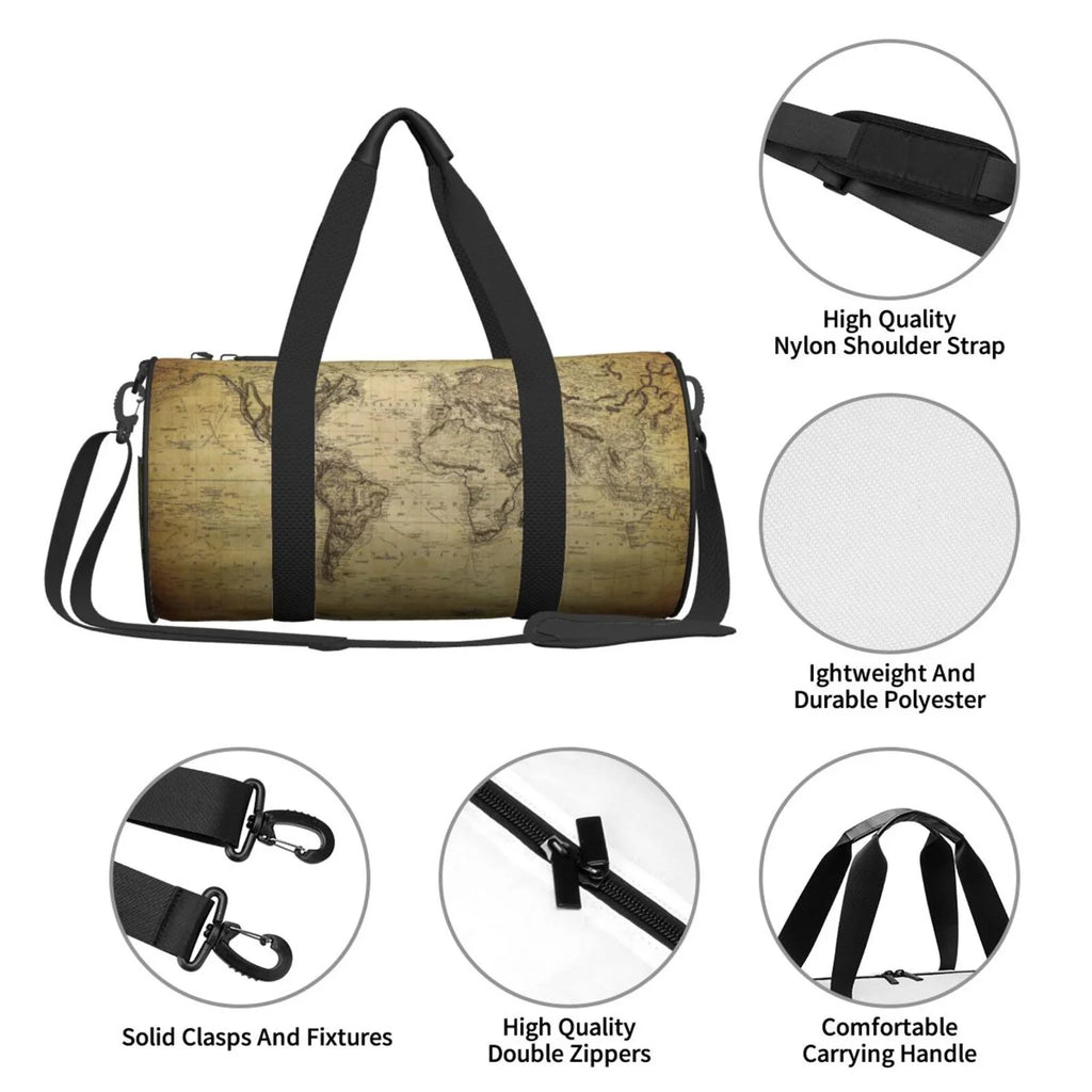 Coaee Vintage World Map Large Capacity Travel Luggage Bag Cylinder Gym Bag Liquid Sports Bag with Pocket and Compartment