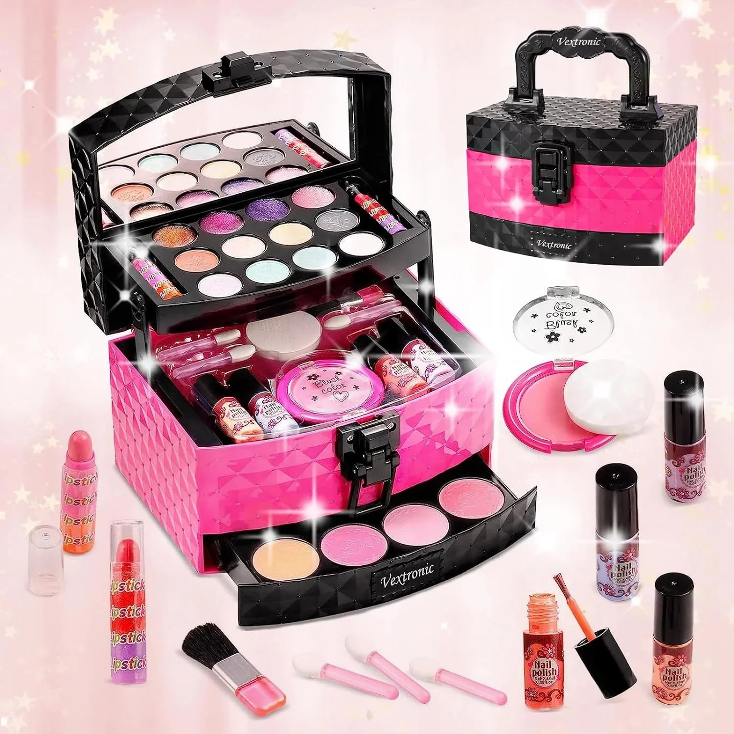 Vextronic Girls Makeup Toy Set Washable Kids Makeup Kit for Girl, Pretend Play Makeup Kit for Kids, Non-Toxic, Real Cosmetic Toy Beauty Set for Kids Birthday Pink