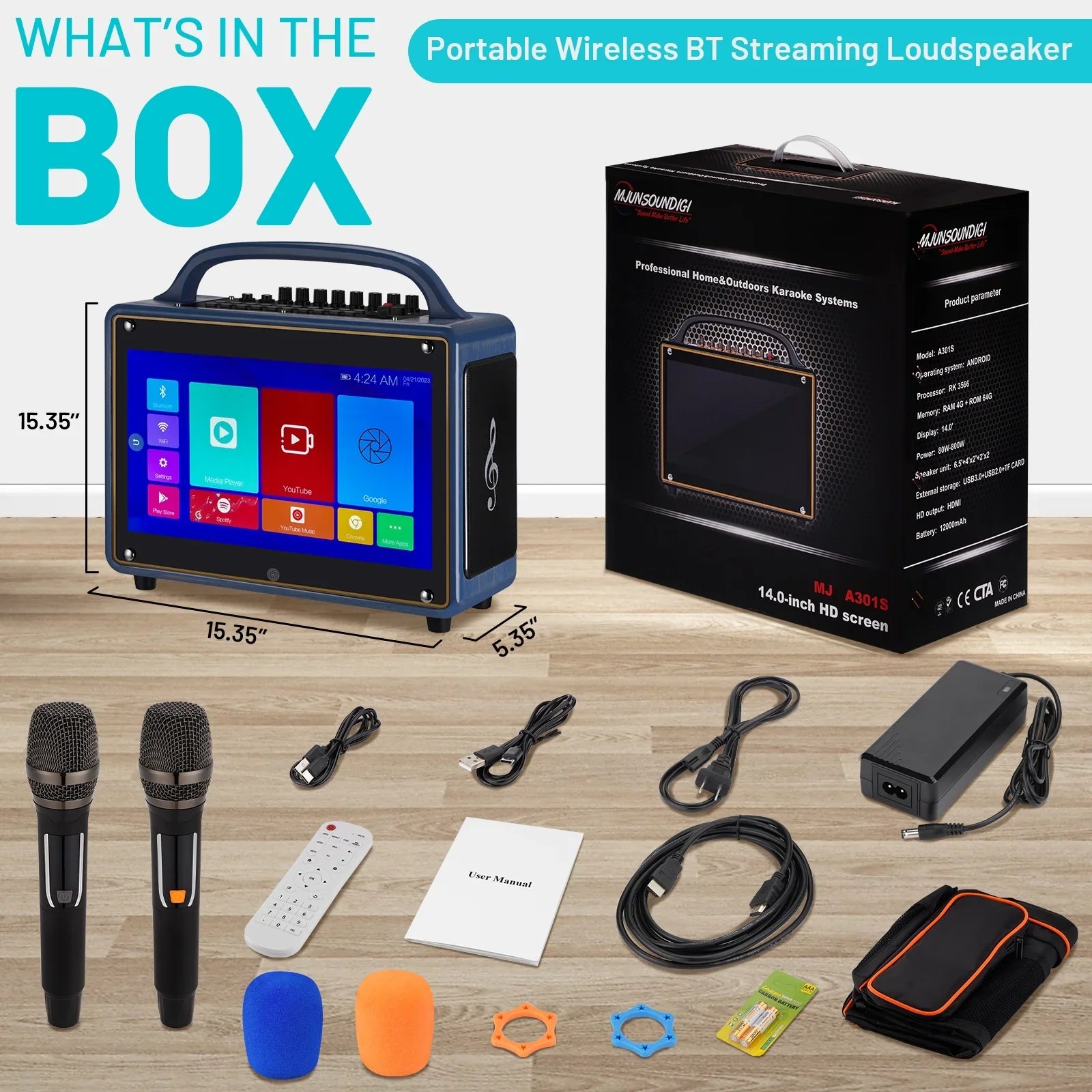 Portable Karaoke Machine Systems Wireless BT Streaming Loudspeaker for Adults&Kid,14”HD Touch Monitor 12/4+64G,Support Microphone/WiFi/USB/SD/PC/TV/Phones/HDMI