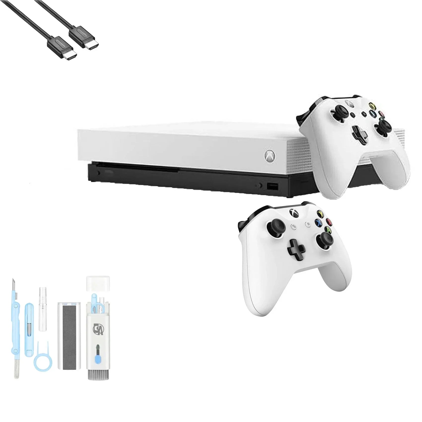 Pre-Owned Xbox One X 1TB with 2 Controller, 4K Ultra HD White with BOLT AXTION Cleaning Kit HDMI Bundle (Refurbished: Like New)