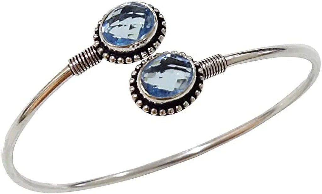 Blue Topaz Gemstone Adjustable Fashion Bracelet for Women, Ethnic Modern Design Silver Plated Cuff Bracelet, Handmade Designer Party Jewelry, November Birthstone