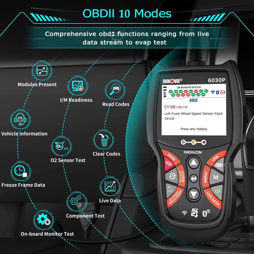 Innova 6030P Car Code Reader Scan Engine ABS Diagnostic Tool Live Data Battery Alternator Test OBD2 Scanner Automotive Scanner Car Scan Tool Read Clean Codes Turn off MILs Auto Analyzer for 12V Cars