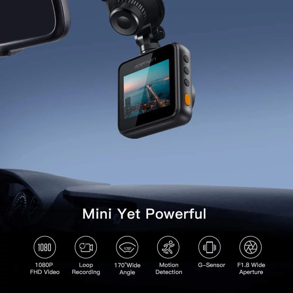 APEMAN Mini Dash Cam 1080P Dash Camera for Cars Recorder Super Night Vision, 170° Wide Angle, Motion Detection, Parking Monitoring, G-Sensor, Loop Recording