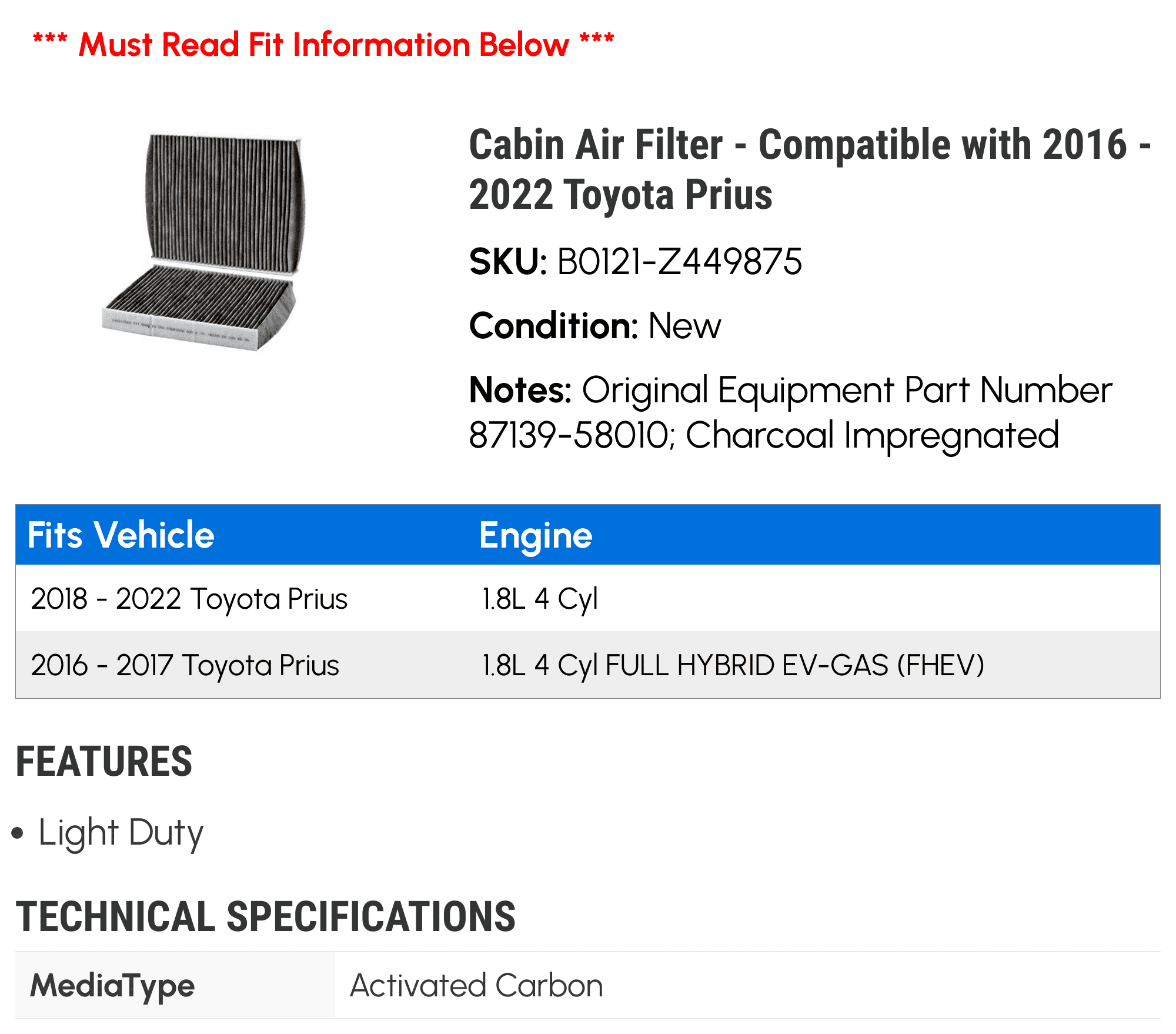 Cabin Air Filter - Compatible with 2016 - 2022 Toyota Prius 2017 2018 2019 2020 2021