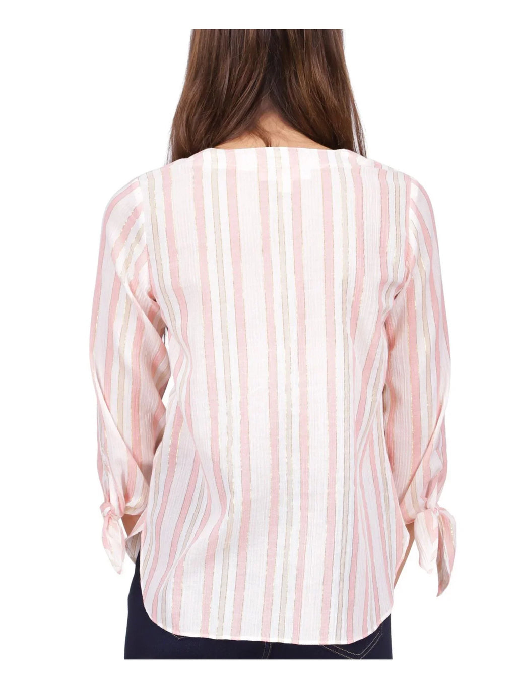 MICHAEL KORS Womens Orange Sheer Tie Cuffs Unlined Round Hem Striped 3/4 Sleeve V Neck Top L
