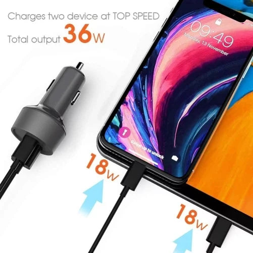Quick Car Charger 36W 2-Port USB Cable Type-C PD Power Adapter DC Socket Plug-in J3N for Nubia Red Magic 3 / 3S, RedMagic 5S - OnePlus 8, 5T, 6, 6T, 7T, Pro, 5G McLaren, 7 Pro, 8T Plus