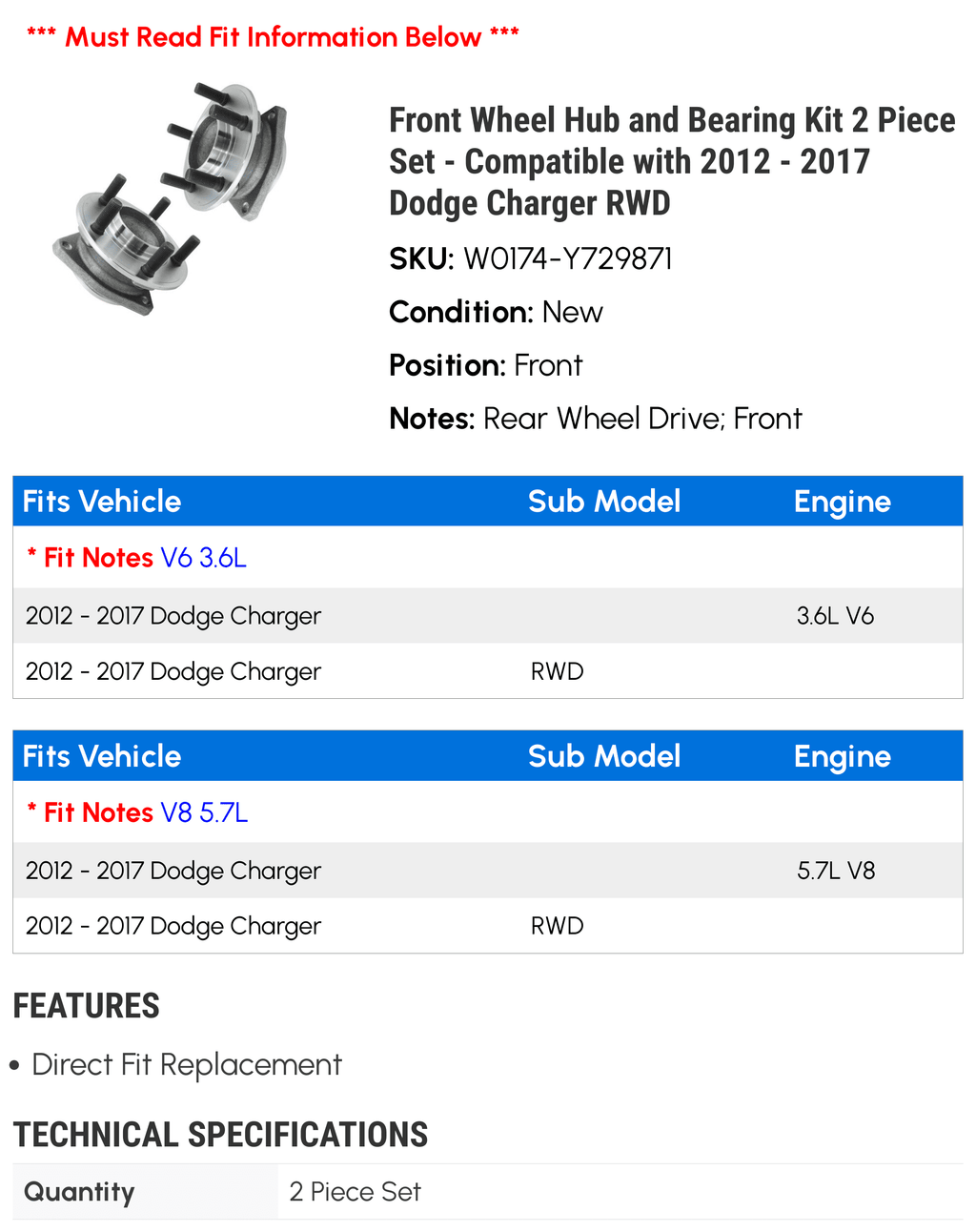 Front Wheel Hub and Bearing Kit 2 Piece Set - Compatible with 2012 - 2017 Dodge Charger RWD 2013 2014 2015 2016 2018