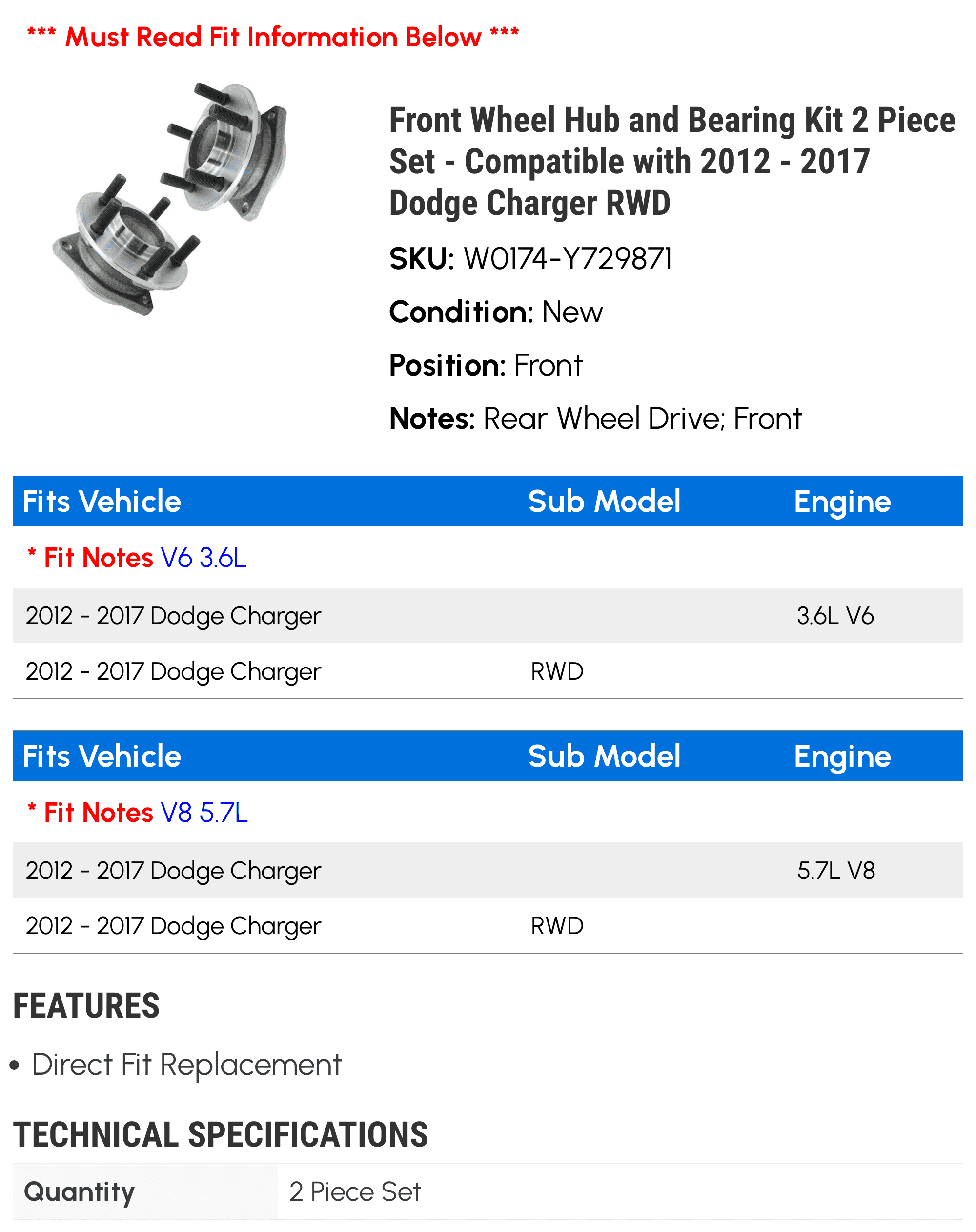 Front Wheel Hub and Bearing Kit 2 Piece Set - Compatible with 2012 - 2017 Dodge Charger RWD 2013 2014 2015 2016 2018