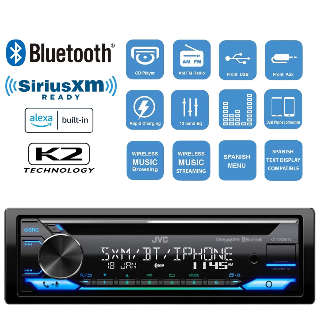 JVC KD-T920BTS Single DIN In-Dash CD Player Bluetooth USB AUX AM/FM Radio Receiver Bundle Combo with Single-DIN Stereo Installation Kit (Fits Select 1998-2013 Harley Davidson Touring Motorcycles)