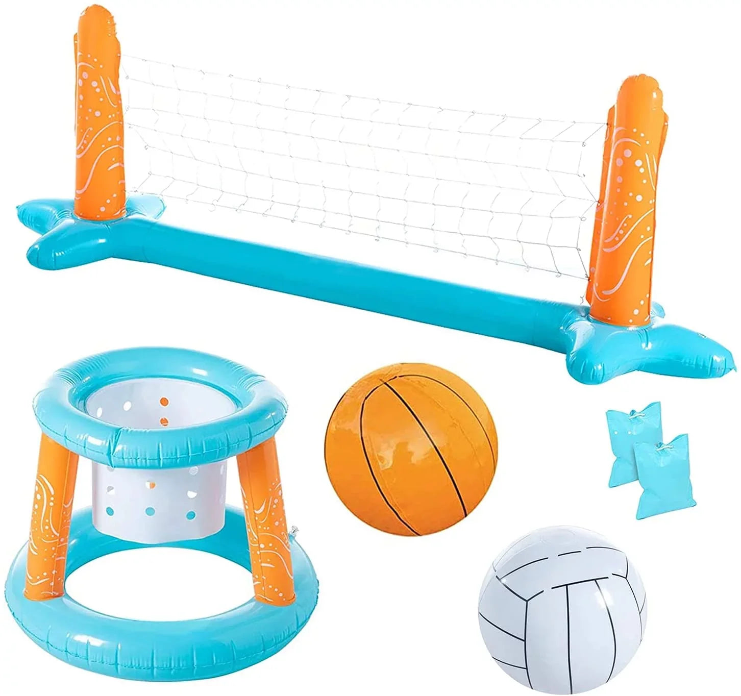 Marigold Inflatable Basketball & Volleyball Net with 2 Ball, Basketball Hoops Swimming Pool Game for Kids, Volleyball Court Adults, Outdoor Family Fun | Light Blue