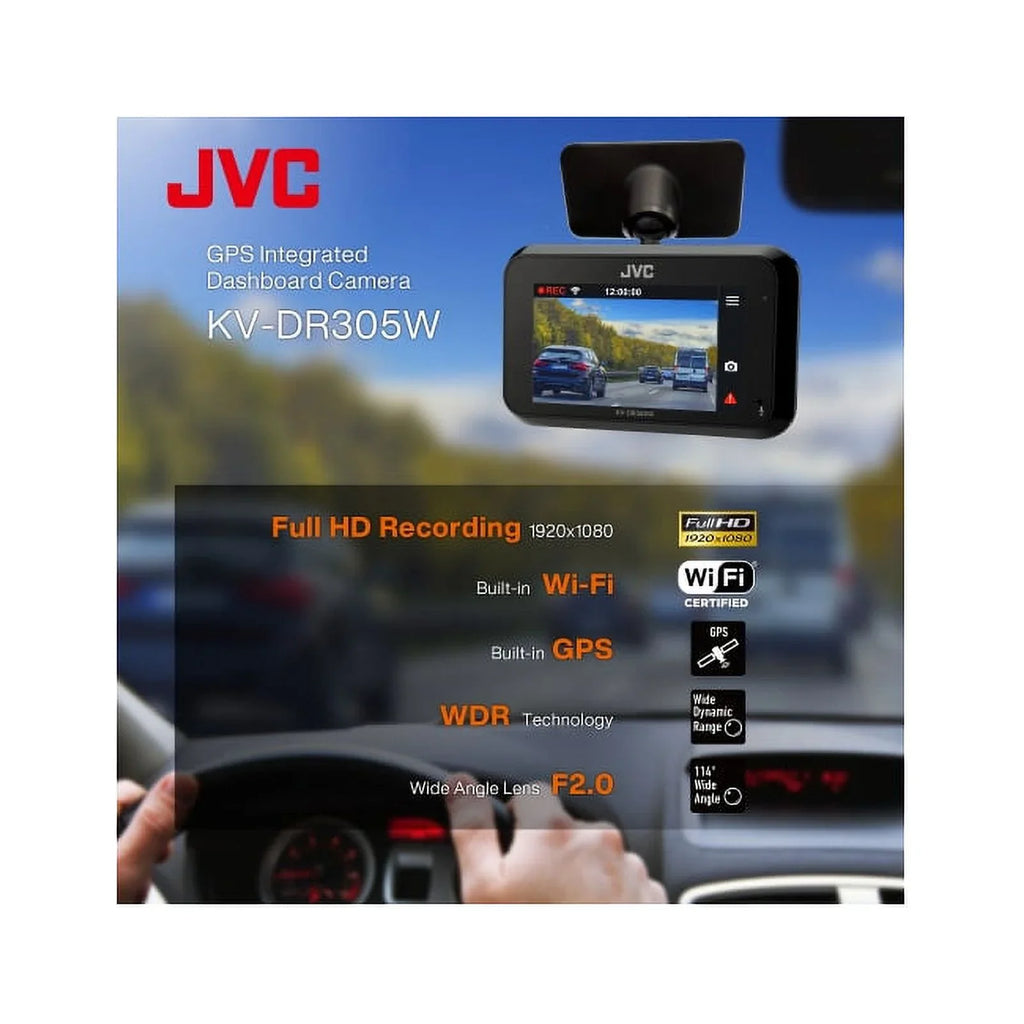 JVC KV-DR305W Full-HD-Dashcam featuring Integrated GPS, Built-in Wi-Fi, Full HD recording, 3-Axis G-Force Sensor and Smartphone Linkag