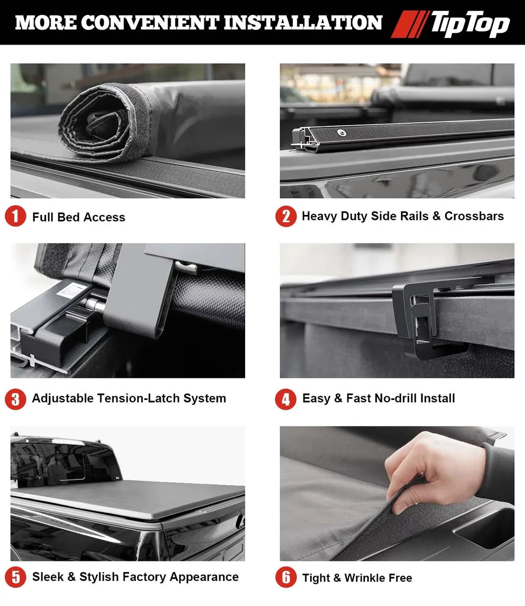 TIPTOP Soft Roll-Up Tonneau Cover Truck Bed For 2016-2023 Toyota Tacoma 5-ft Bed (60.5") | TP1 |For Models With or Without The Deck Rail System|