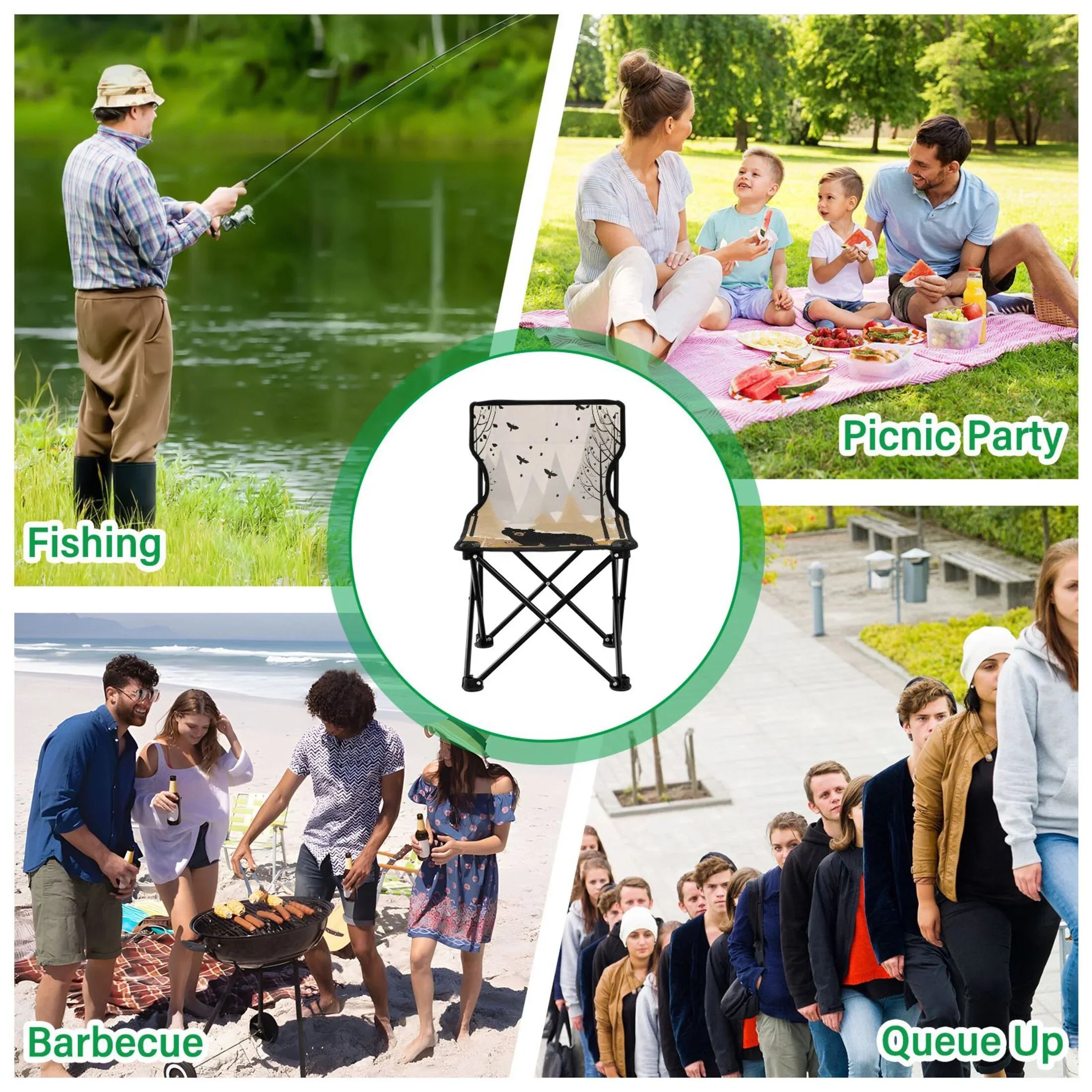 Bear in Forest Portable Camping Chair Outdoor Folding Beach Chair Fishing Chair Lawn Chair with Carry Bag Support to 220LBS