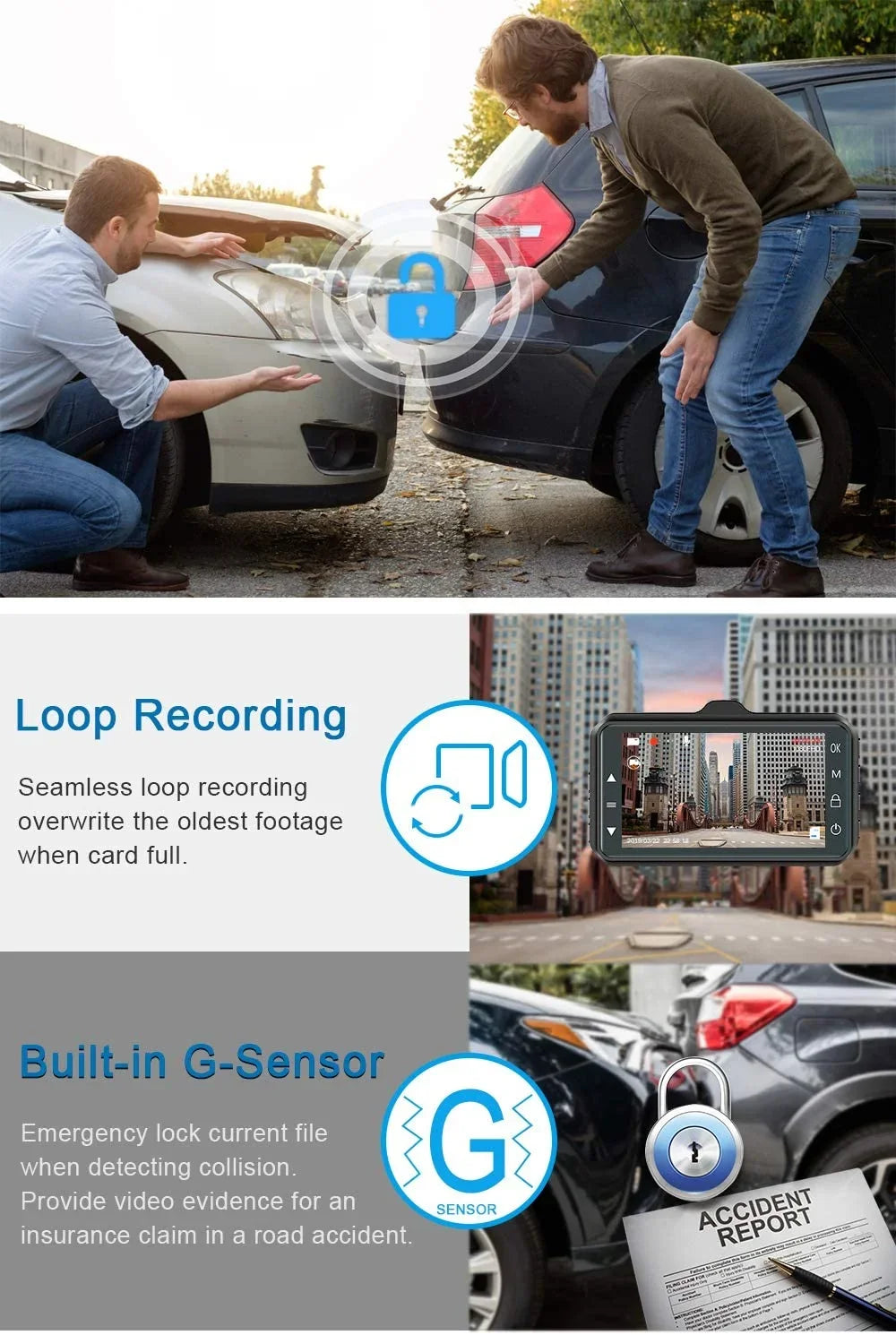 Dash Cam Front and Rear Dual Dash Cam 3 inch Dashboard Camera Full HD 170° Wide Angle Backup Camera with Night Vision WDR G-Sensor Parking Monitor Loop Recording Motion Detection
