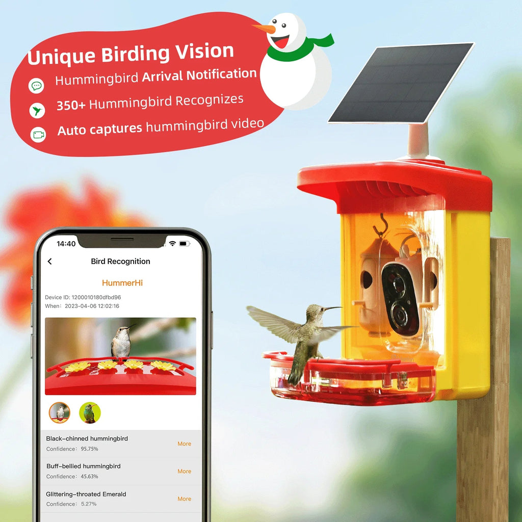 Hummingbird Feeder with Camera for Outdoor Hummingbird Smart Bird Feeder Camera Auto-Video Capture,Birdwatching Up-Close,AI Identify 350+ Species, 2 Wooden House, Attract More Hummingbird Unique Gift