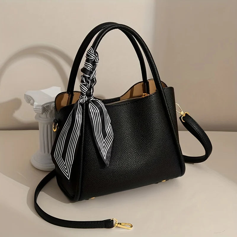 moocr Handbag With Scarf Accent PU Leather Elegant Shoulder Bag With Dual Handles For Daily Use Luxury Solid Color Crossbody Purse