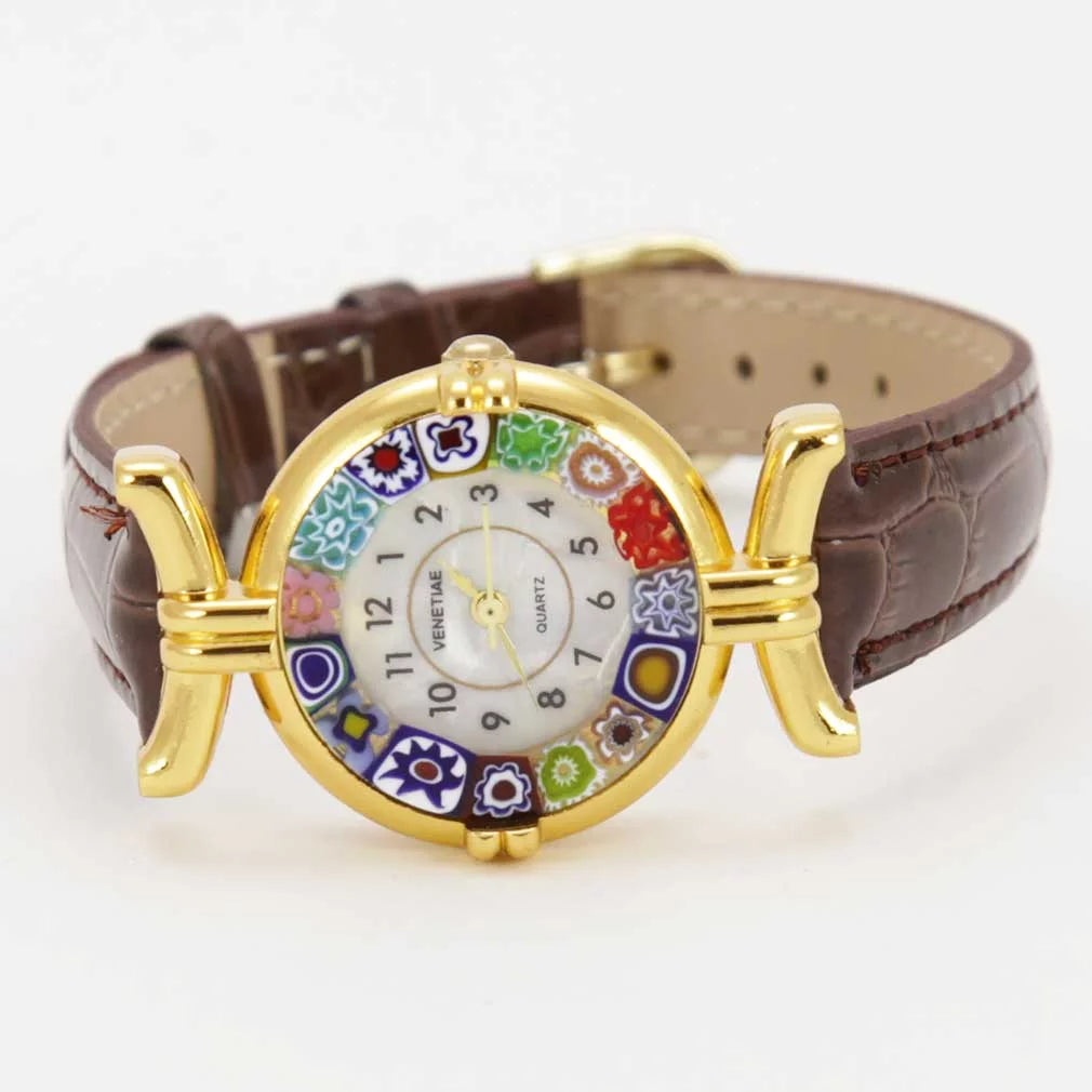GlassOfVenice Murano Glass Millefiori Watch with Leather Band - Brown Multicolor