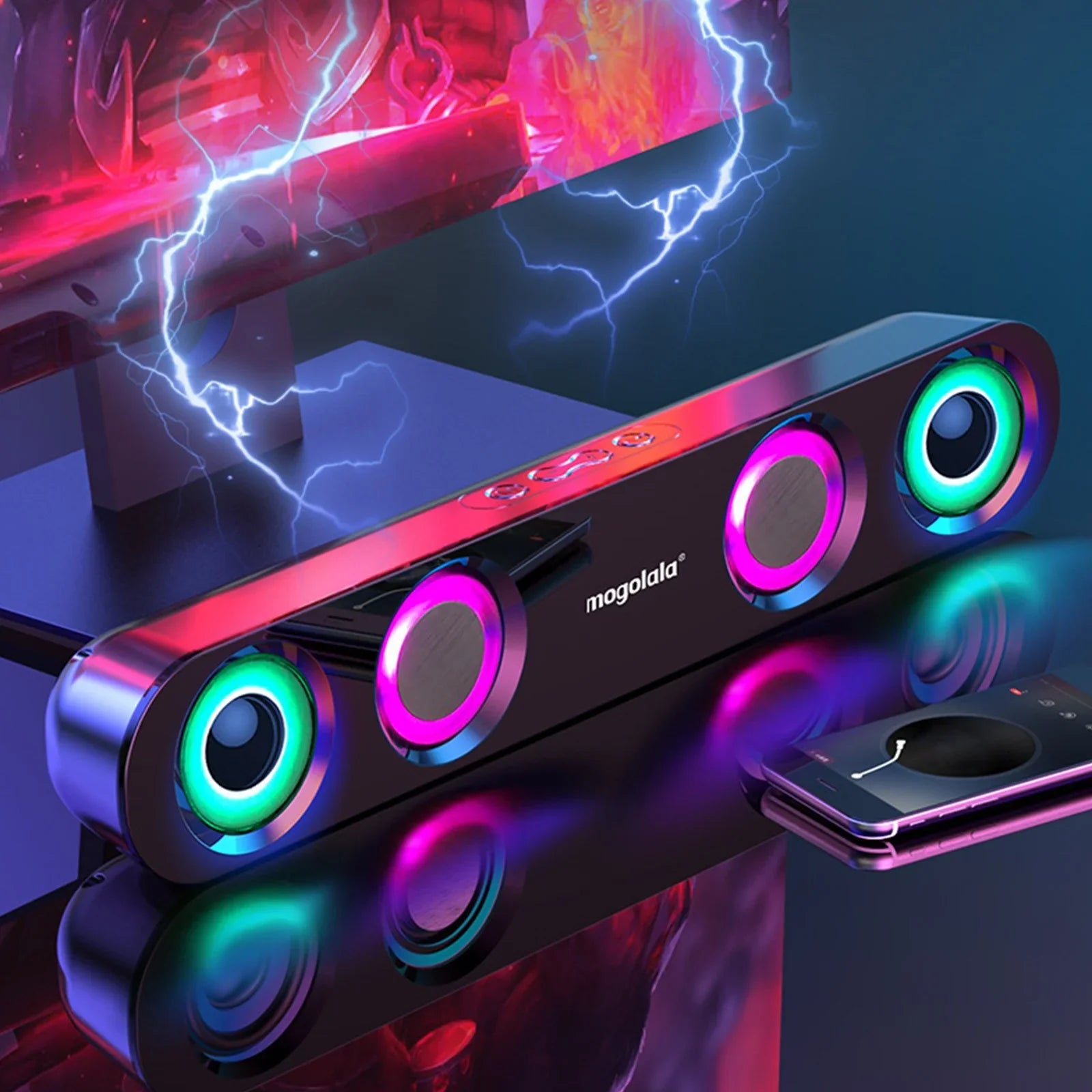 Ersazi Bluetooth Adapter Colorful Sound Subwoofer High Power Home Video Desktop Wireless Strip Long Dual Speaker Speaker Sound Bar Tv Karaoke Sound in Clearance Black