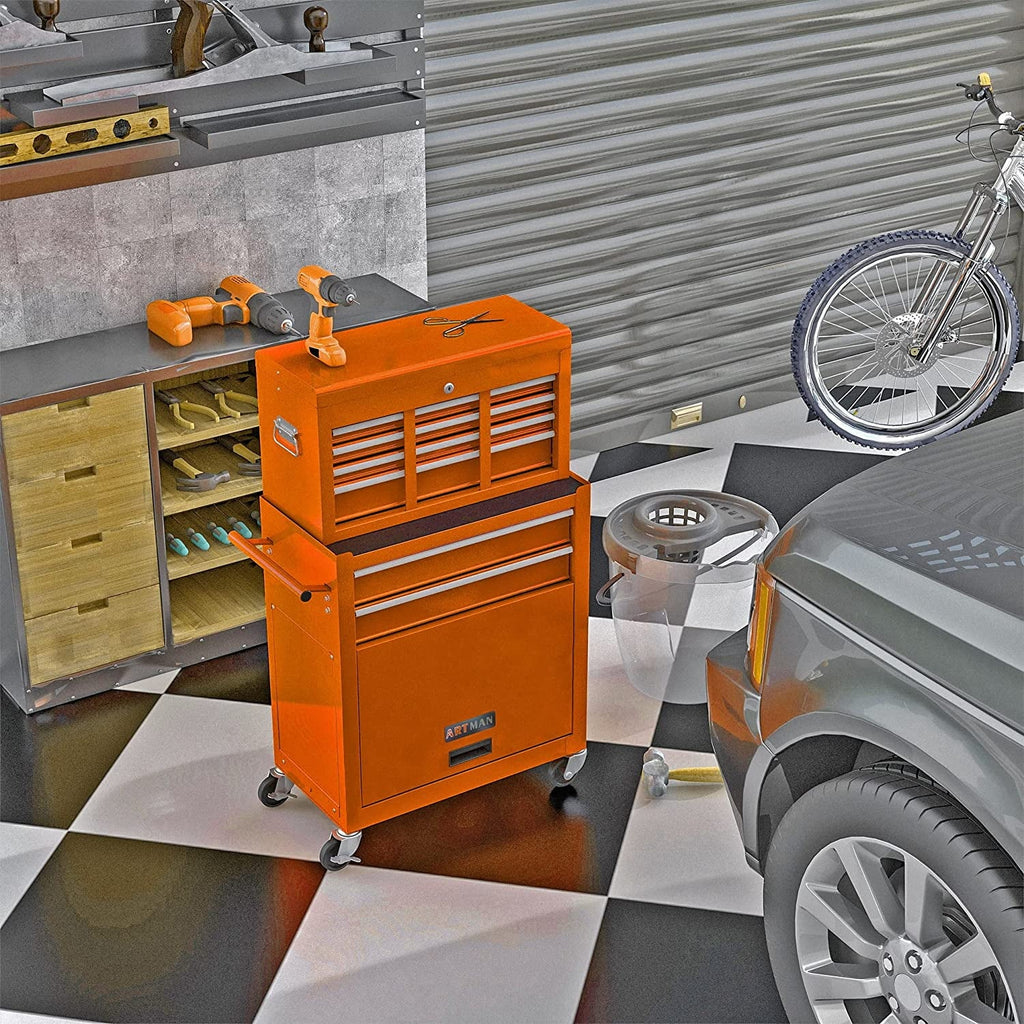 LoLado 8 Drawer Rolling Tool Chest with Wheels, High Capacity Tool Storage Cabinet & Tool Box Cart, Lockable Rolling Tool Chest with Drawers, Toolbox Organizer for Garage Warehouse Workshop - Orange