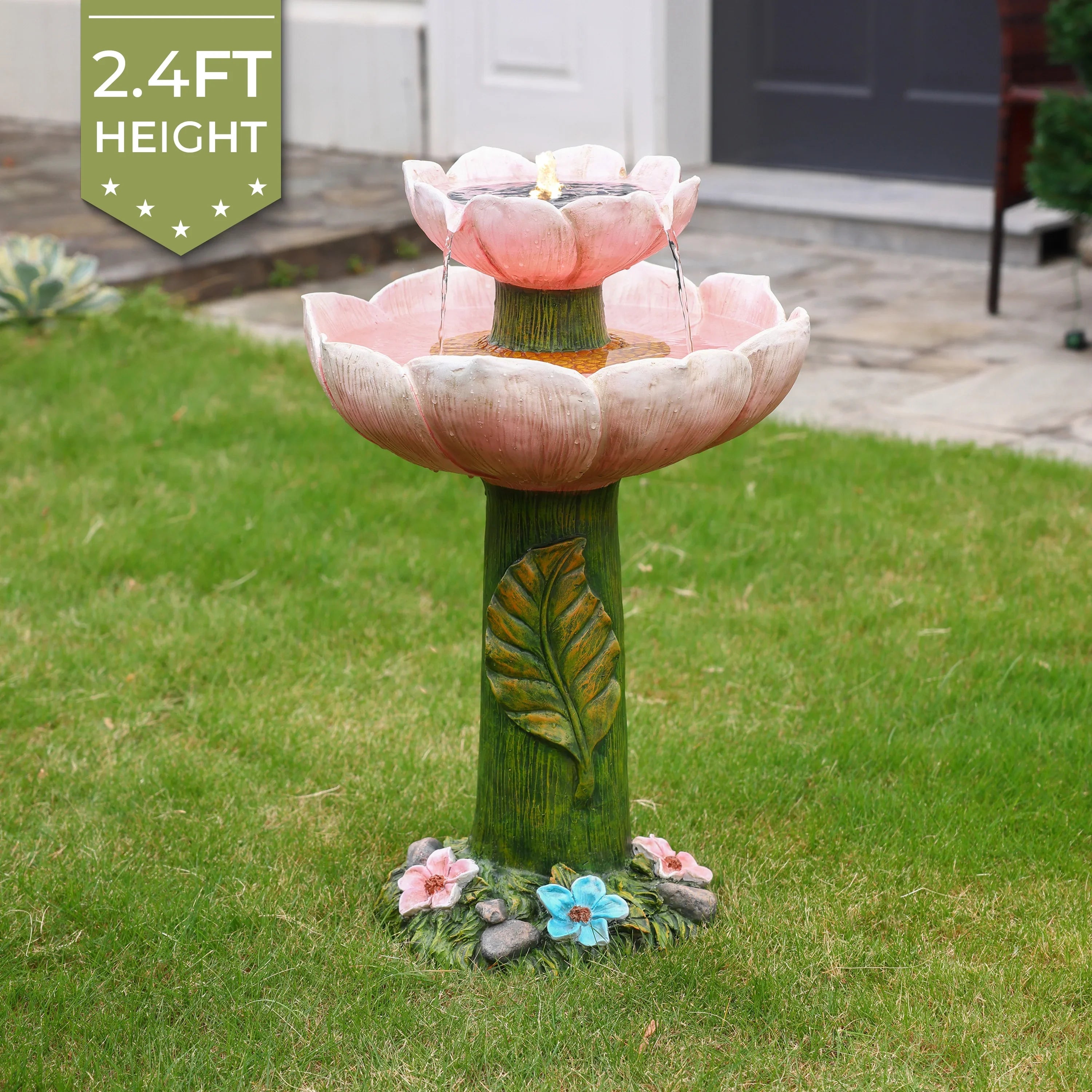 LuxenHome Solar Powered Pink Flower 2-Tier Resin Birdbath Fountain with Lights