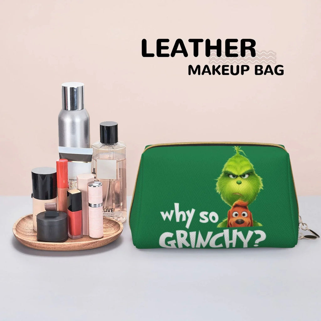 Funny Grinch Cosmetic Bag Makeup Organizer Leather Portable Pouch Gift Travel Toiletry Bag Storage Purse
