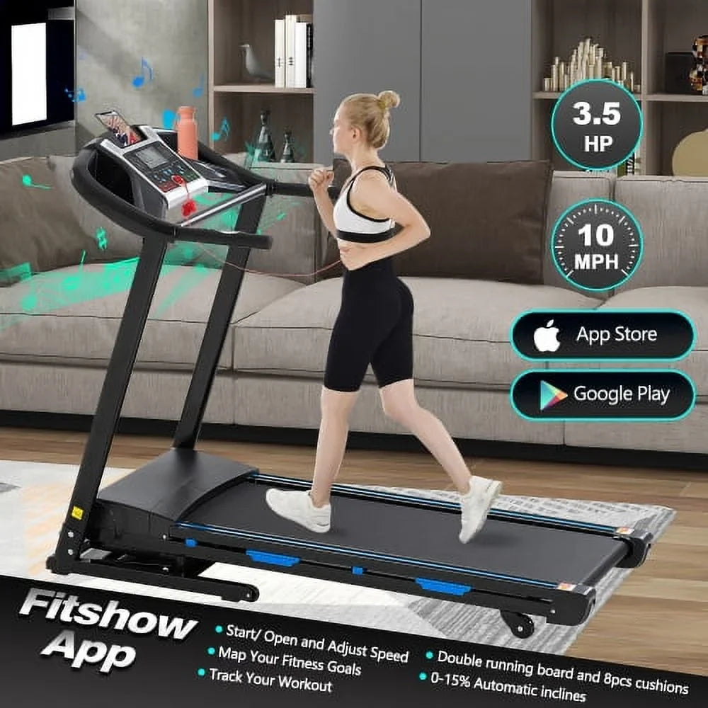 Home Treadmill with Automatic Incline: Foldable 3.5HP Electric Running Machine with Double Shock Absorption, Pulse Sensor, Bluetooth Speaker