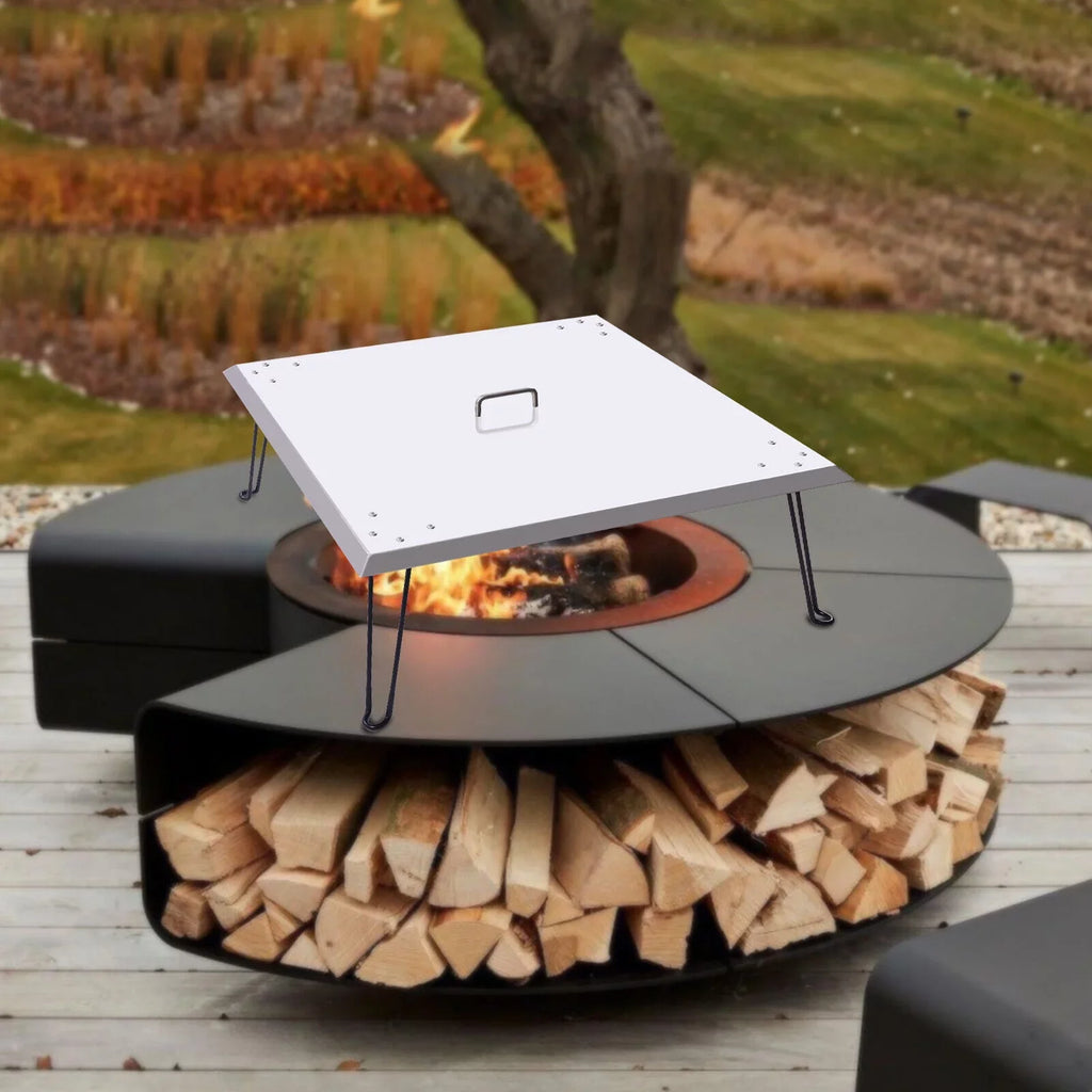 Miumaeov Square Fire Pit Burner Cover to Push Heat Down and Out Fire Pit Heat Deflector 24*24in with Foldable Legs Stainless Steel