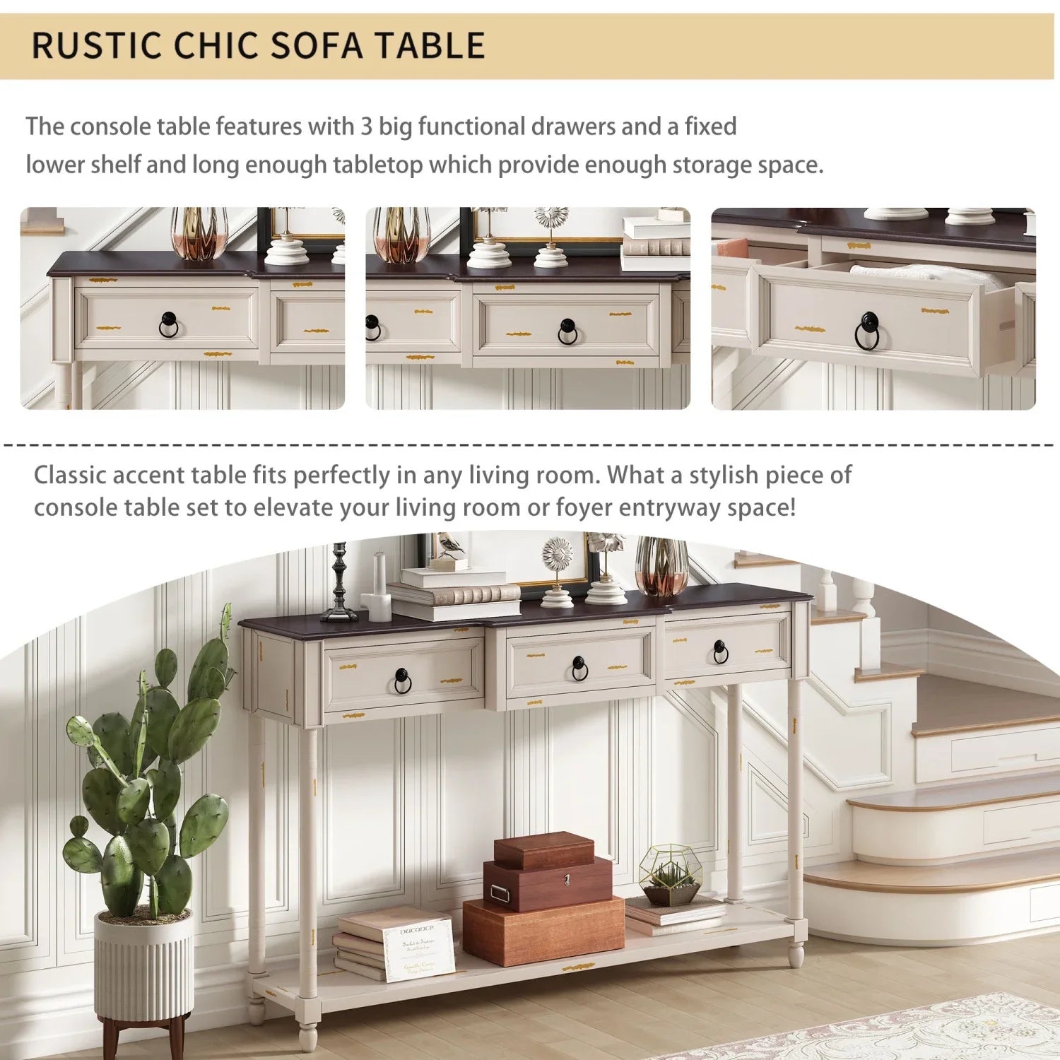 TREXM Console Table Sofa Table with Drawers for Entryway with Projecting Drawers and Long Shelf (Antique White OLD SKU WF189574AAK)