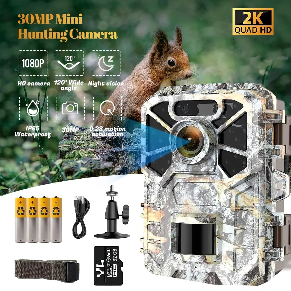 Trail Camera, 30MP 2k Game Camera with Infrared Night Vision Wildlife Surveillance, Farm Monitoring, Liquid Hunting Trail Monitor with 120° Wide Angle Lens