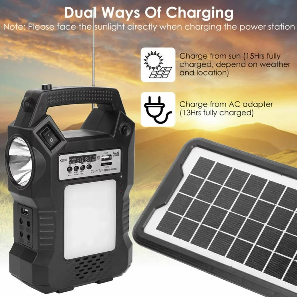 MDHAND Portable Solar Powered Station, Rechargeable Solar Generator, Dual Way To Charge, Solar Panel Power Bank with 3 LED Bulbs Flashlight for Hiking Camping Emergency