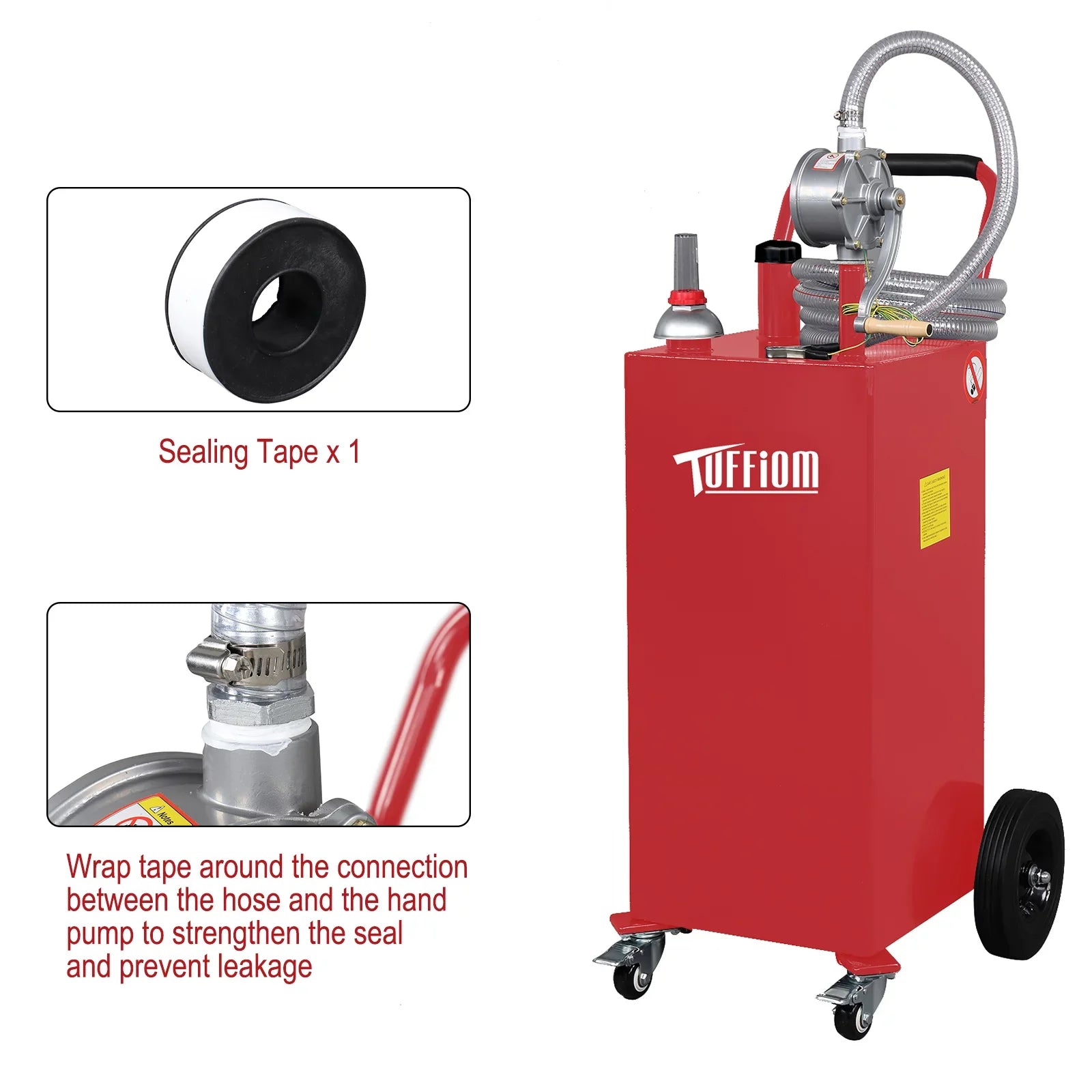 TUFFIOM 35 Gallon Gas Caddy With Wheels, Fuel Transfer Tank Gasoline Diesel Can Reversible Rotary Hand Siphon Pump, Fuel Storage Tank for Automobiles ATV Car Mowers Tractors, Red