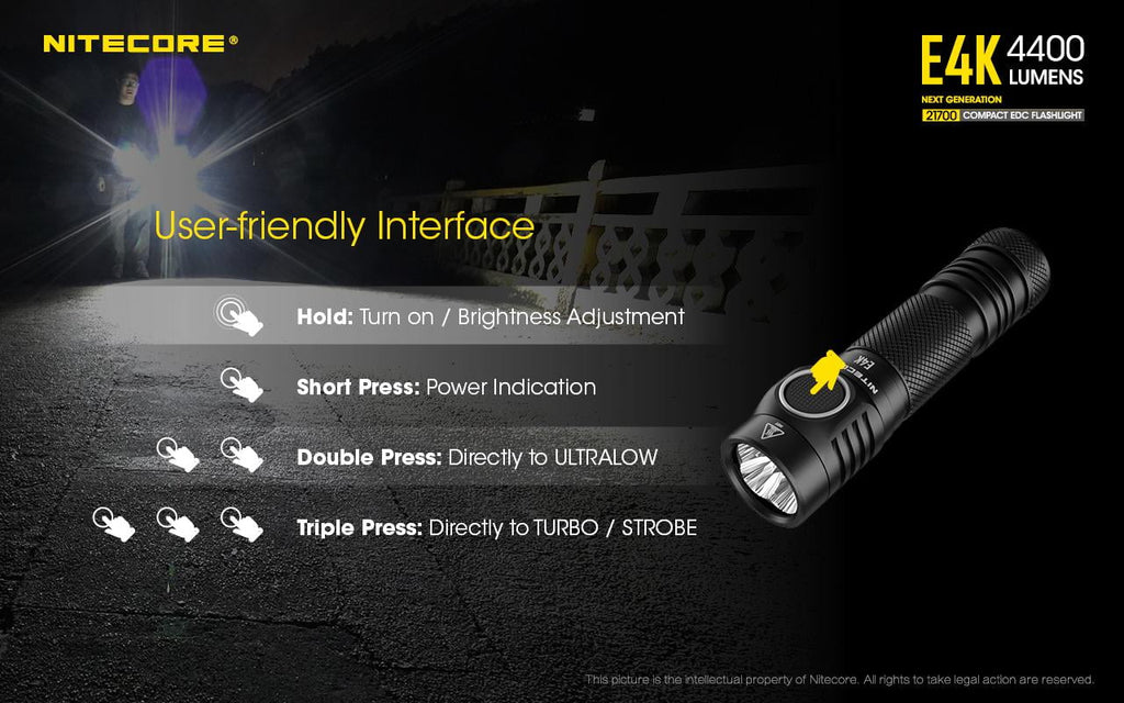 Combo: NITECORE E4K Next generation Flashlight - 4400 Lumens w/Tini Brass Keychain Light -380 Lumens