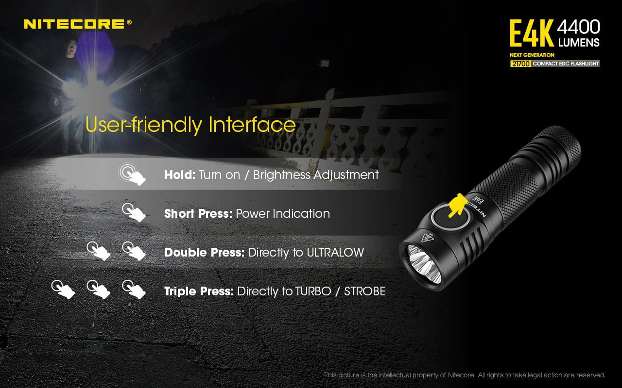 Combo: NITECORE E4K Next generation Flashlight - 4400 Lumens w/Tini Brass Keychain Light -380 Lumens
