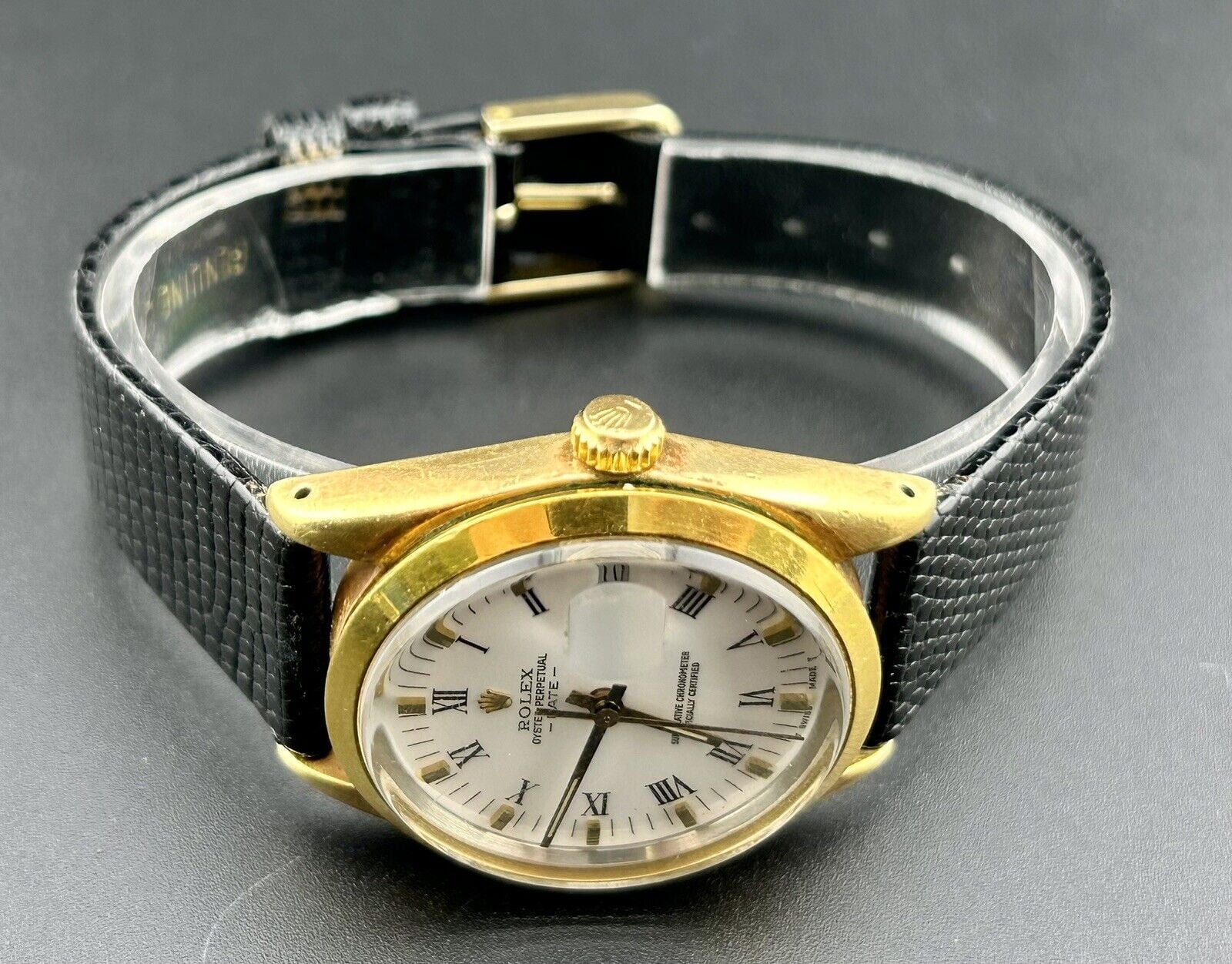 Rolex Oyster Perpetual Date 34mm White Dial Vintage Gold Shell Men's Watch 15505