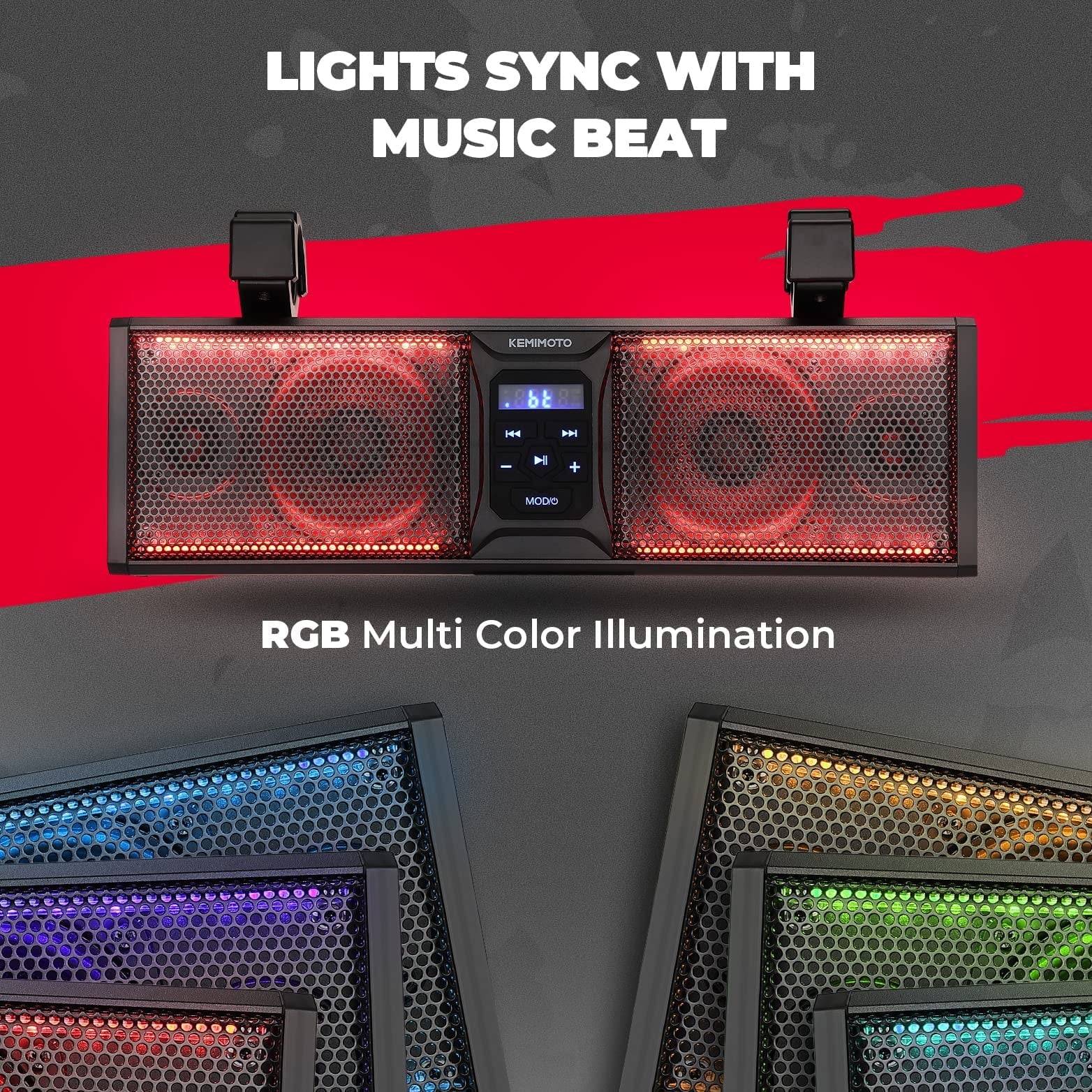 kemimoto UTV Sound Bar 16 Inch ATV SoundBar UTV Sound System SXS Speakers Liquid Bluetooth Connectivity with Multicolor LED Lighting Compatible with Polaris RZR Ranger Can-Am Defender Maverick