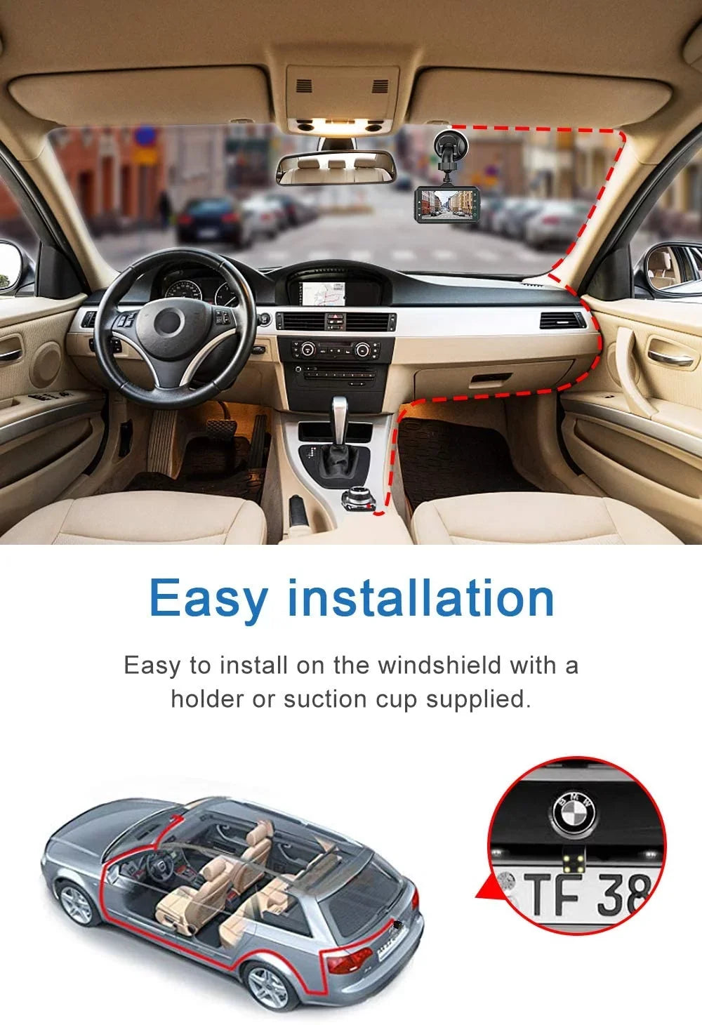 Dash Cam Front and Rear Dual Dash Cam 3 inch Dashboard Camera Full HD 170° Wide Angle Backup Camera with Night Vision WDR G-Sensor Parking Monitor Loop Recording Motion Detection