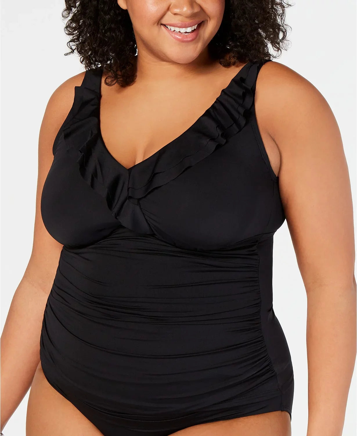 Lauren Ralph Lauren Plus Slimming-Fit Ruffled Underwire Tankini Top Black 16W