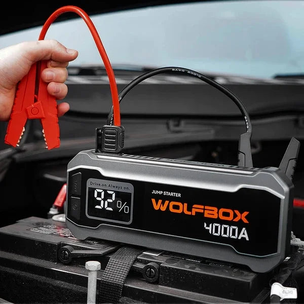 WOLFBOX 4000A 12V Car Battery Jump Starter(10L Gas 10L Diesel Engine) Powerful Car Jump Starter with 65W Quick Charger, Built-in LED Light, Jumper Cables, 24000mAh Portable Jump Starter Battery Pack