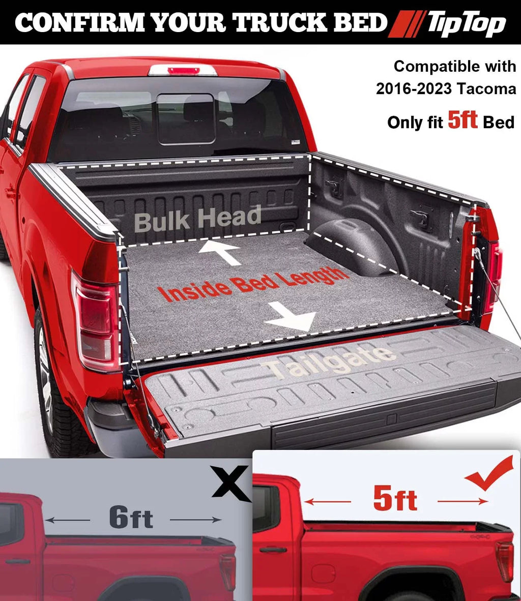 TIPTOP Soft Roll-Up Tonneau Cover Truck Bed For 2016-2023 Toyota Tacoma 5-ft Bed (60.5") | TP1 |For Models With or Without The Deck Rail System|