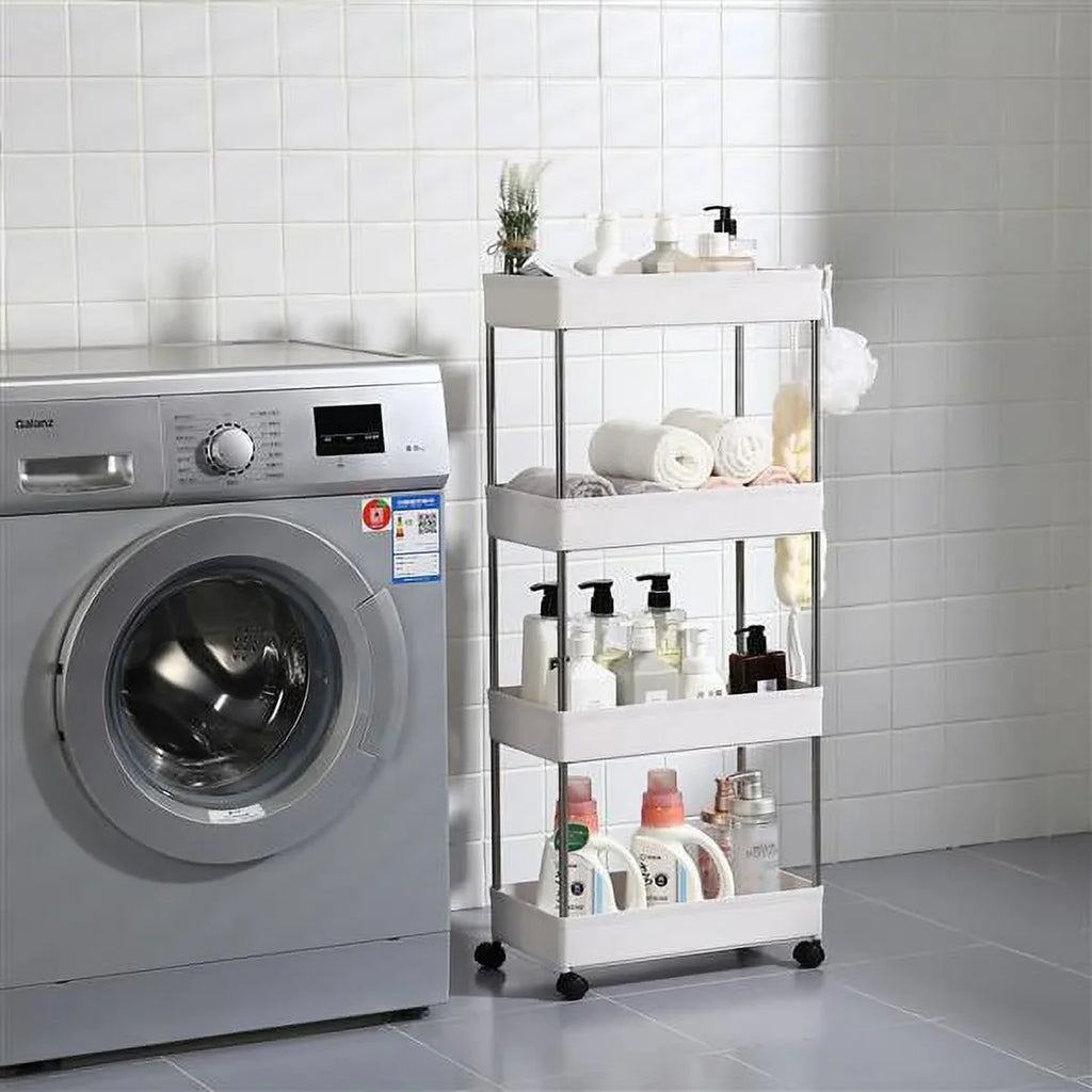 SYTHERS 4-Tier Rolling Storage Cart with 4 hooks, Utility Cart with Wheels, for Kitchen, Bathroom, Laundry Room, Plastic and Stainless Steel, White