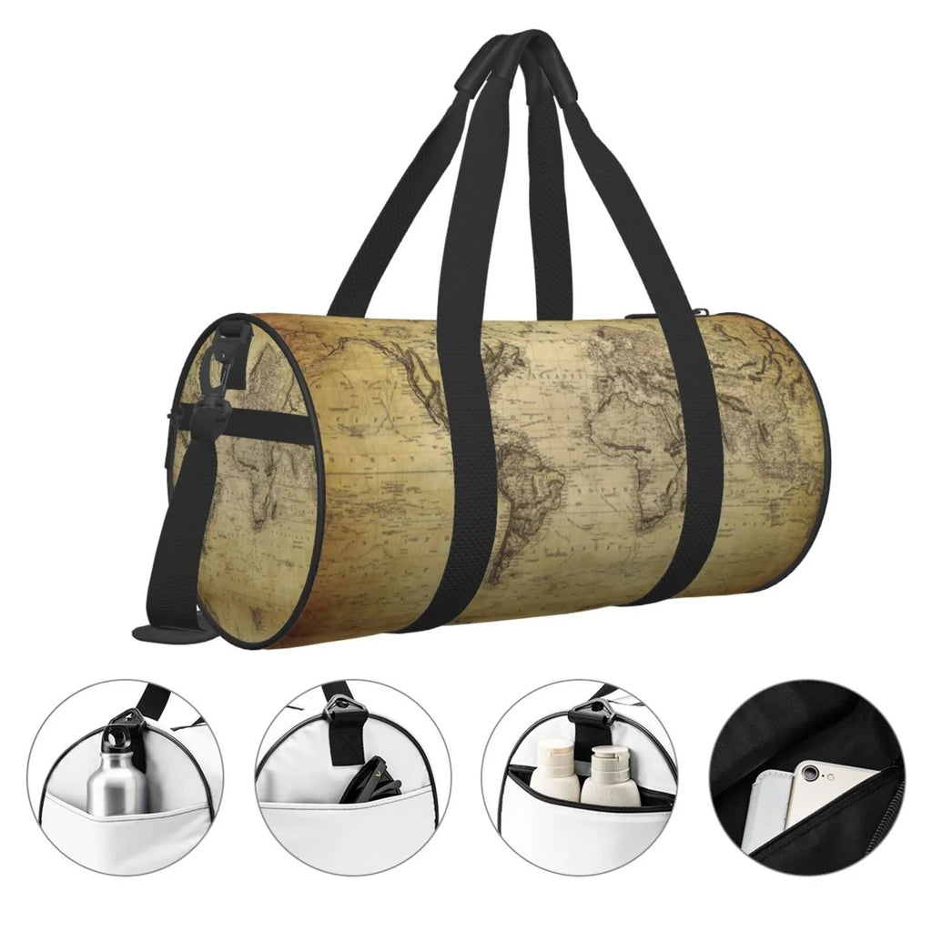 Coaee Vintage World Map Large Capacity Travel Luggage Bag Cylinder Gym Bag Liquid Sports Bag with Pocket and Compartment