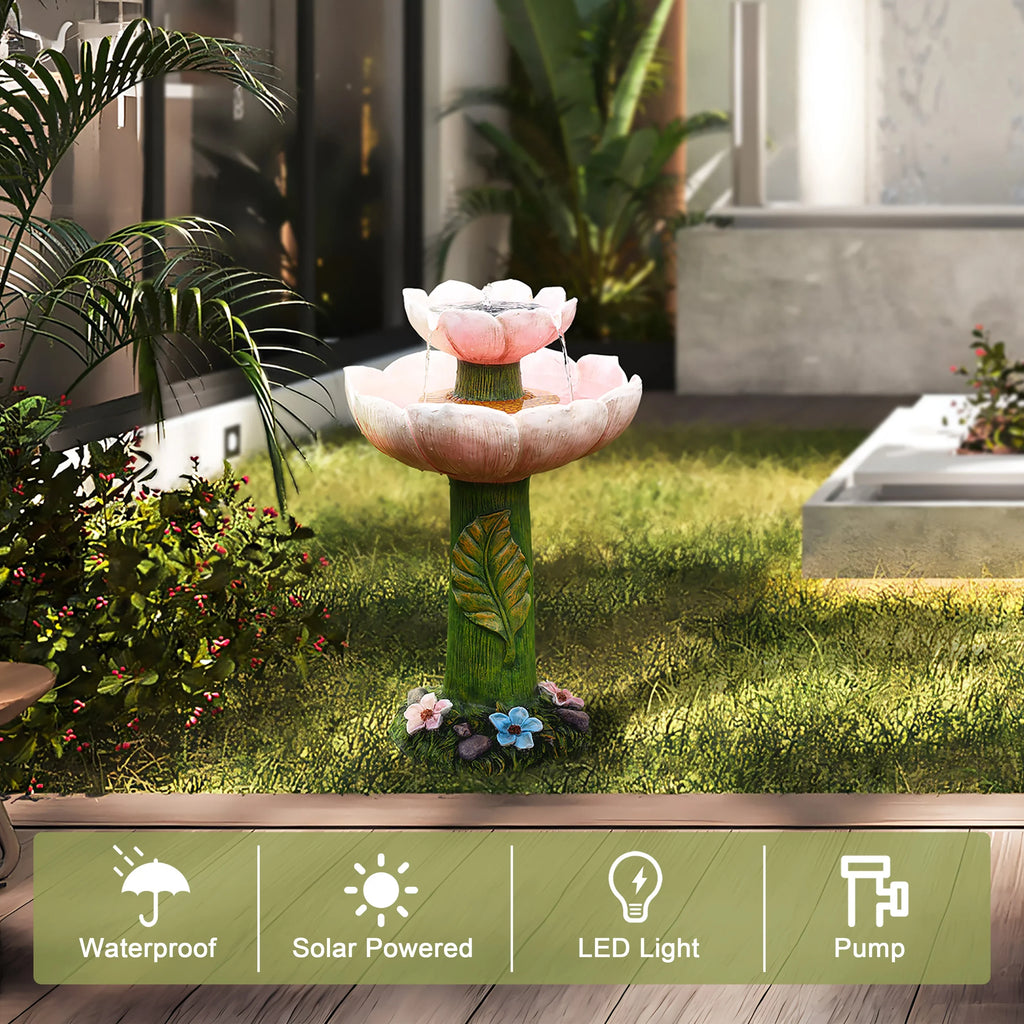 LuxenHome Solar Powered Pink Flower 2-Tier Resin Birdbath Fountain with Lights