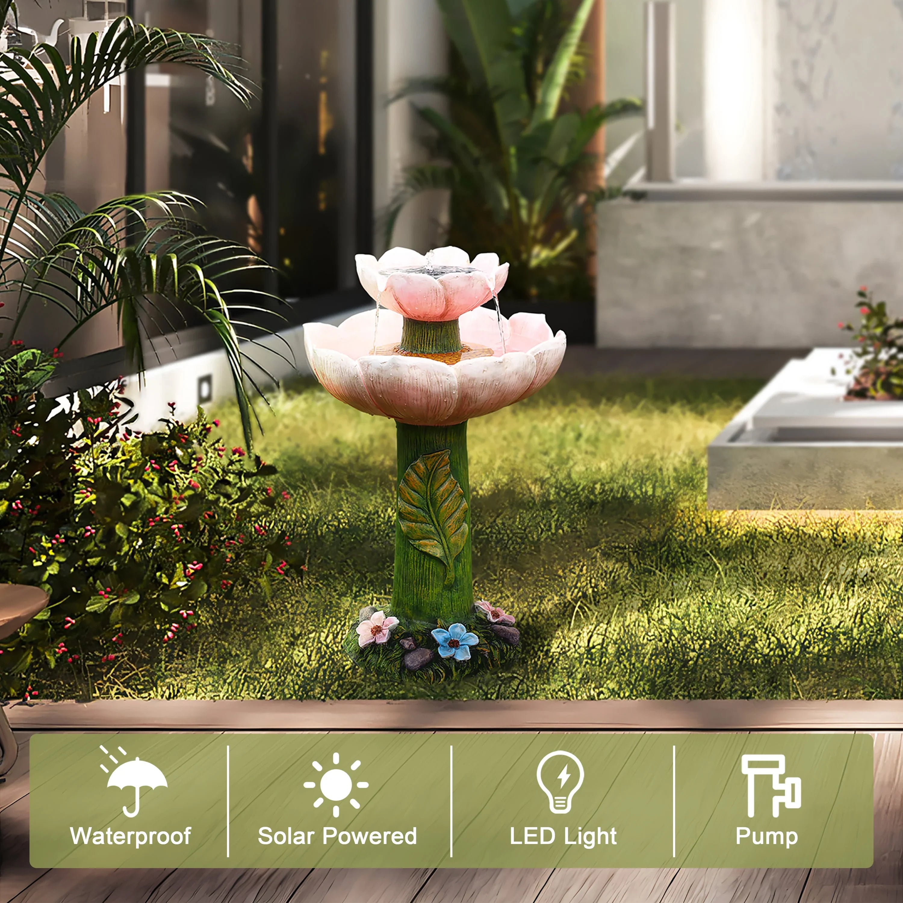 LuxenHome Solar Powered Pink Flower 2-Tier Resin Birdbath Fountain with Lights